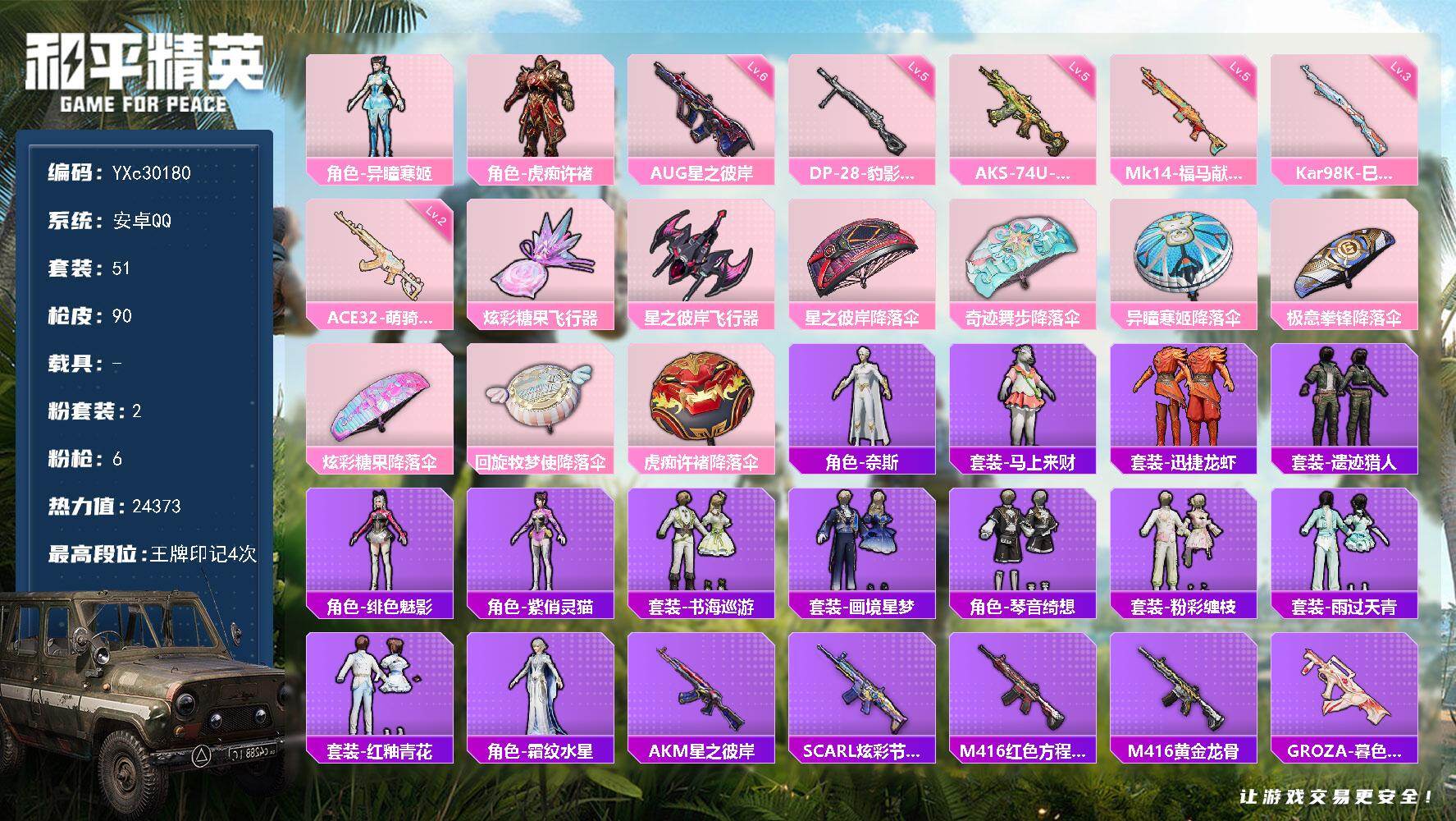 和平精英账号安卓QQ【满地铁天赋】YXc30180-【可二次】【因赛季更新游戏段付以上号为准!】
 安卓Q-1稀有2粉装6特效枪1热门51套装90枪皮 4印记 历史卓越王牌8星 
【1稀有】 M416-黄金龙骨 
【2粉