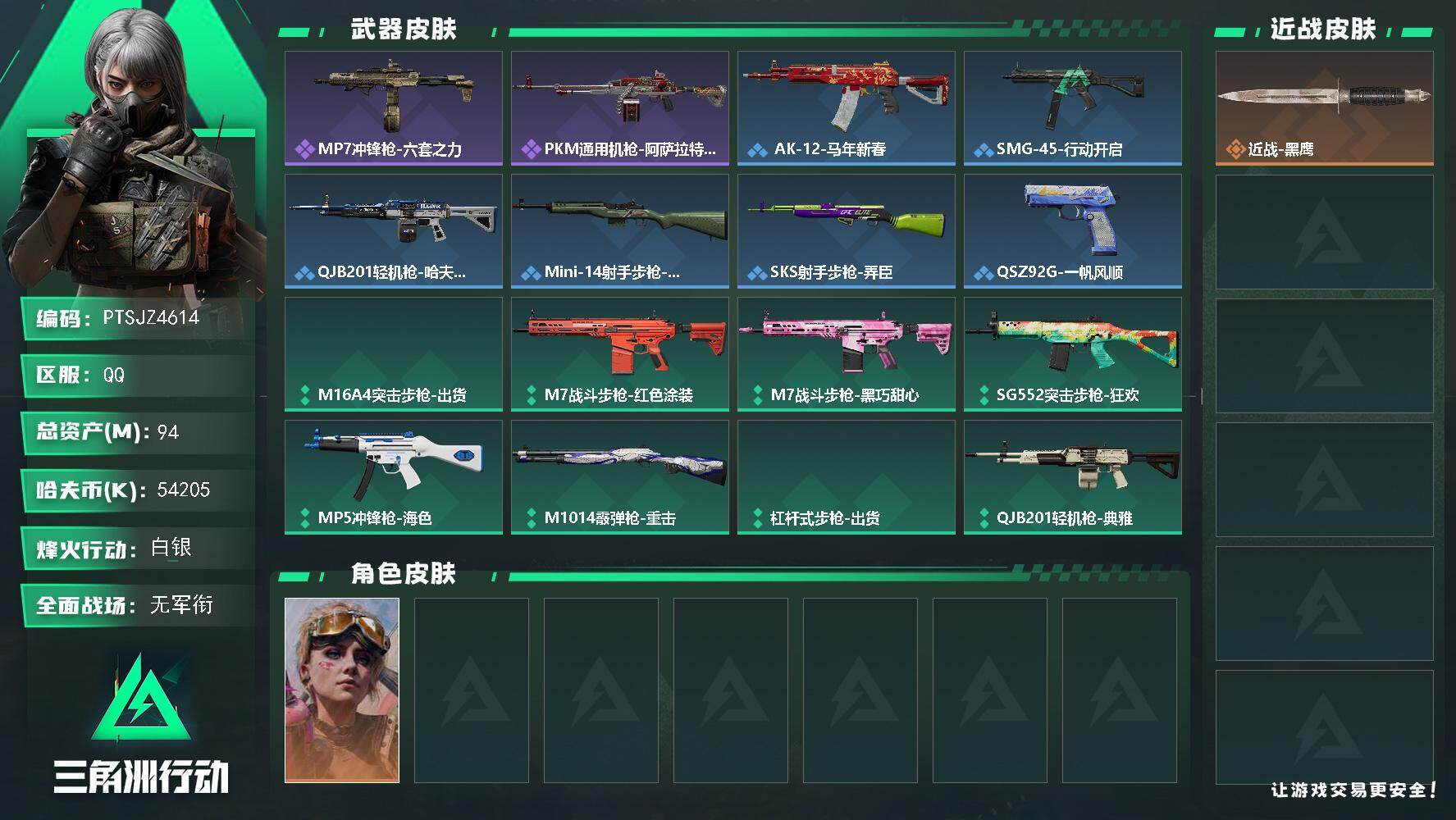 三角洲行动账号QQ【PTSJZ4614】总资产94M/哈夫币5420万/战场等级5/行动等级50/安全箱等时效性道具以