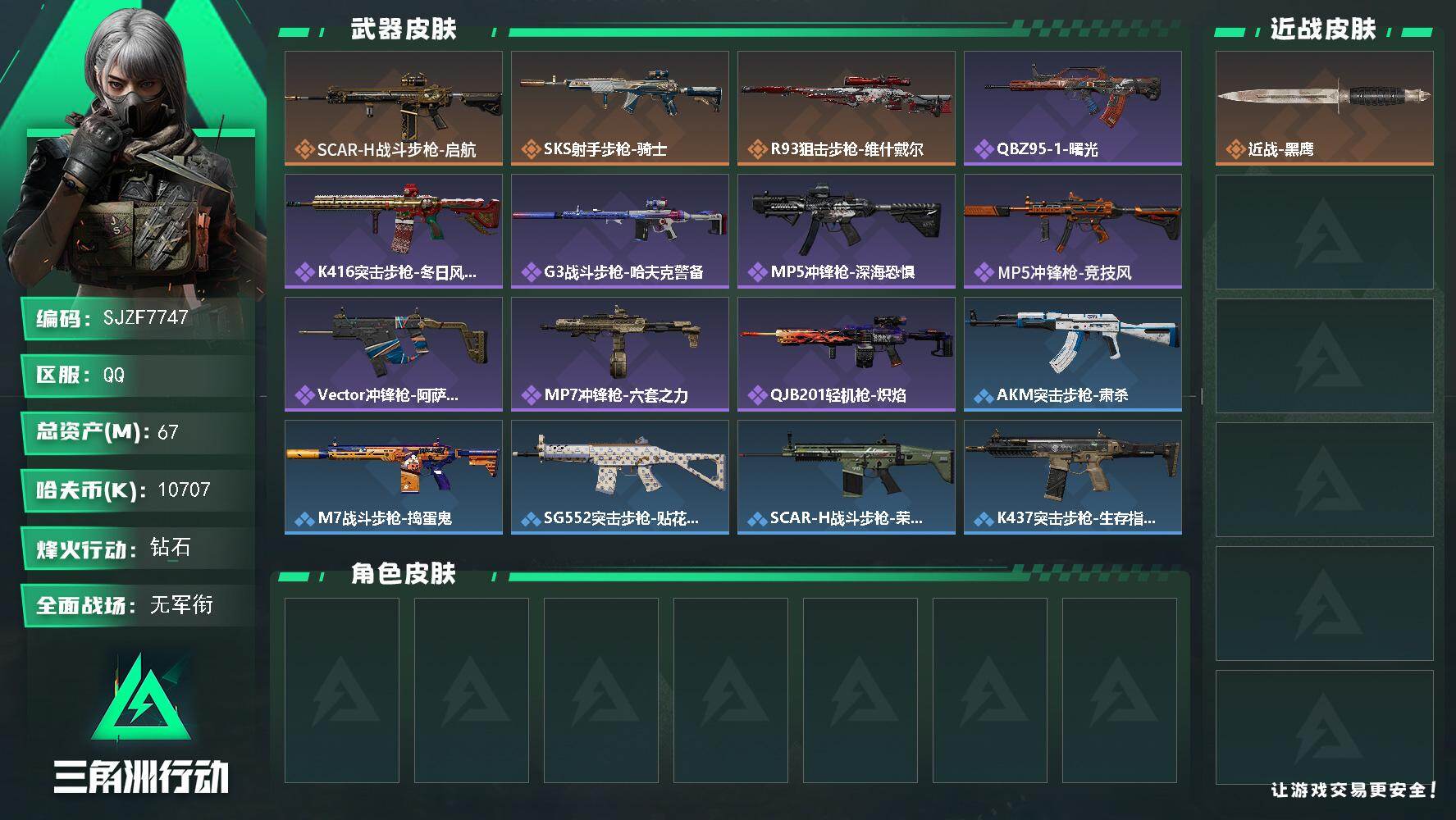 三角洲行动账号QQ【SJZF7747】总资产67M/哈夫币1070万/传说枪皮数3/战场等级1/行动等级57/安全箱等时效性道具以游戏内数据为准，详情请看图/近战-黑鹰/SCAR-H战斗步枪-启航/SKS射手步枪-骑