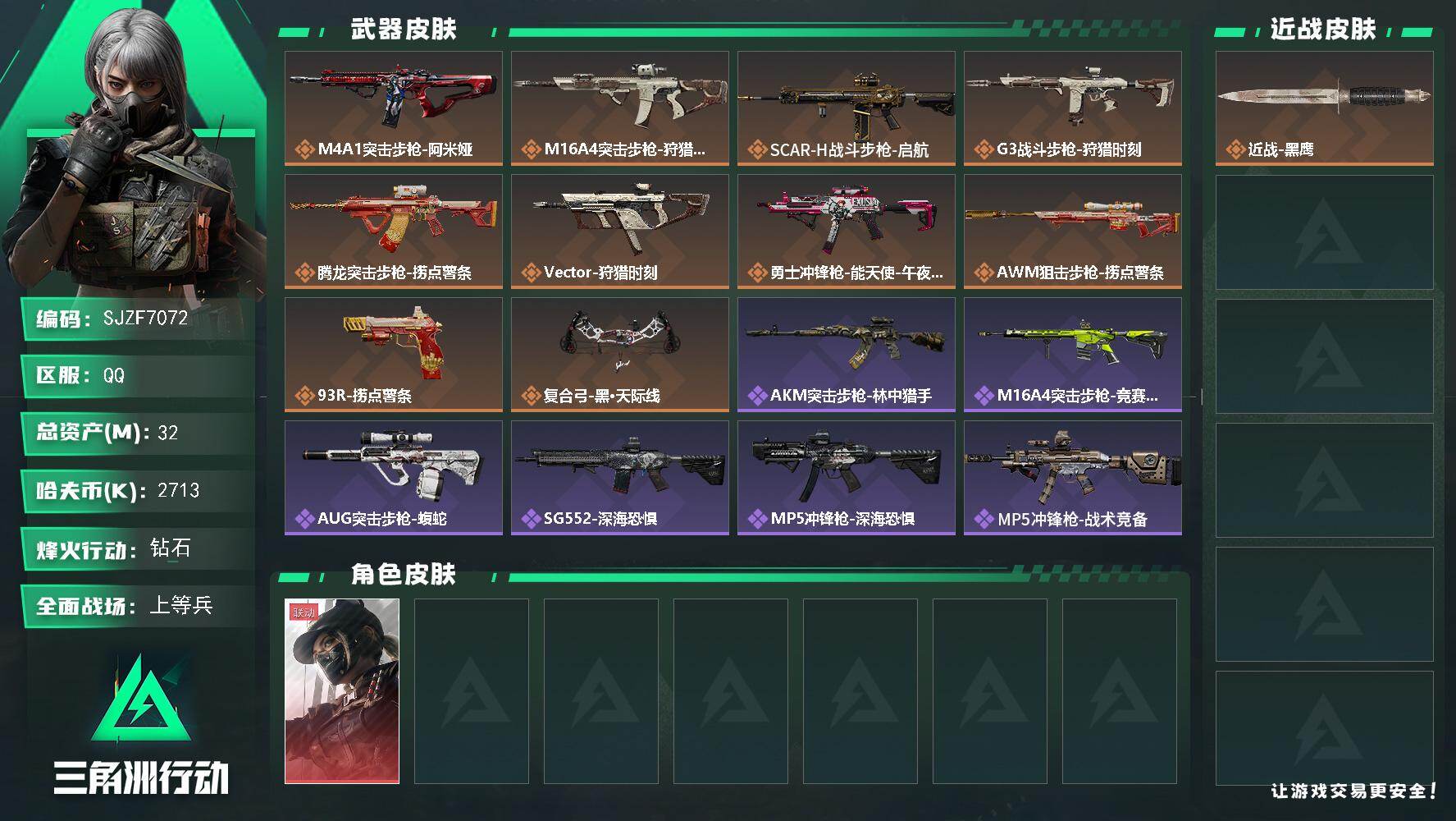 三角洲行动账号QQ【SJZF7072】总资产32M/哈夫币271万/传说枪皮数10/战场等级20/行动等级60/安全箱