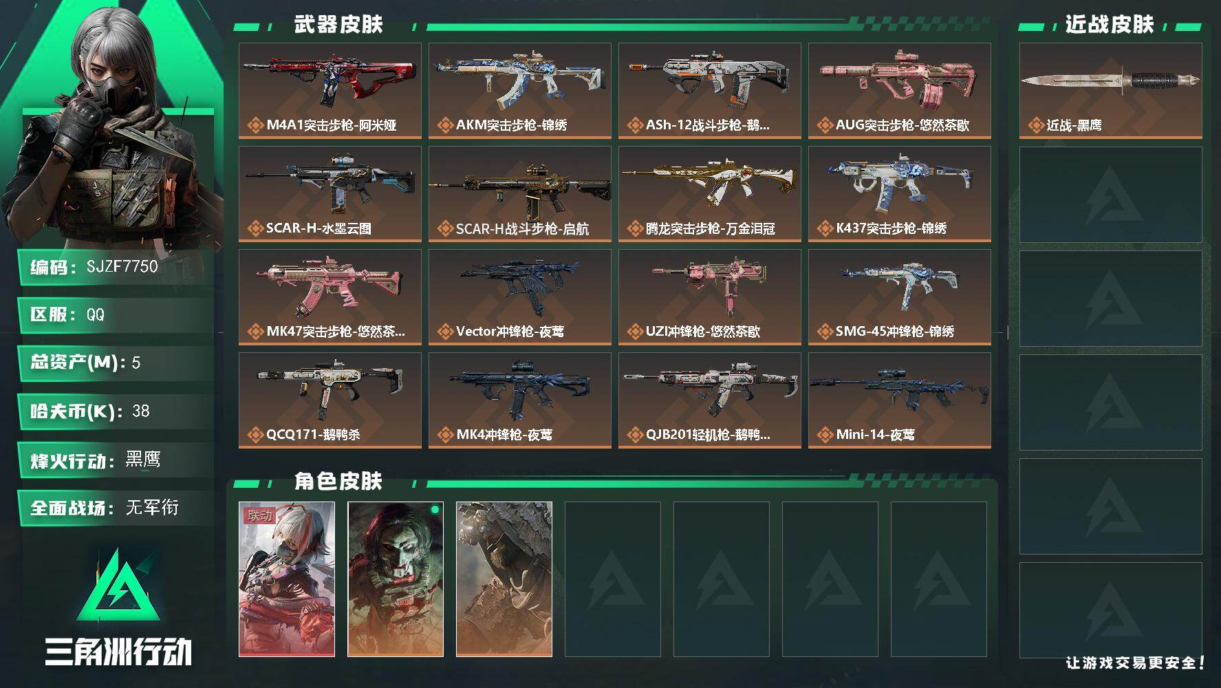 三角洲行动账号QQ【SJZF7750】总资产5M/哈夫币3万/传说枪皮数18/战场等级1/行动等级60/安全箱等时效性道具以游戏内数据为准，详情请看图/骇爪-维什戴尔/红狼-电锯惊魂/乌鲁鲁-荒原猎手/近战-黑鹰/M