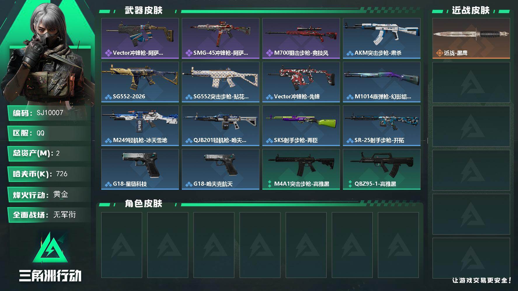 三角洲行动账号QQ【SJ10007】总资产2M/哈夫币72万/战场等级1/行动等级34/安全箱等时效性道具以游戏内数据为准，详情请看图/近战-黑鹰/Vector冲锋枪-阿萨拉文明/SMG-45冲锋枪-阿萨拉特攻/M7