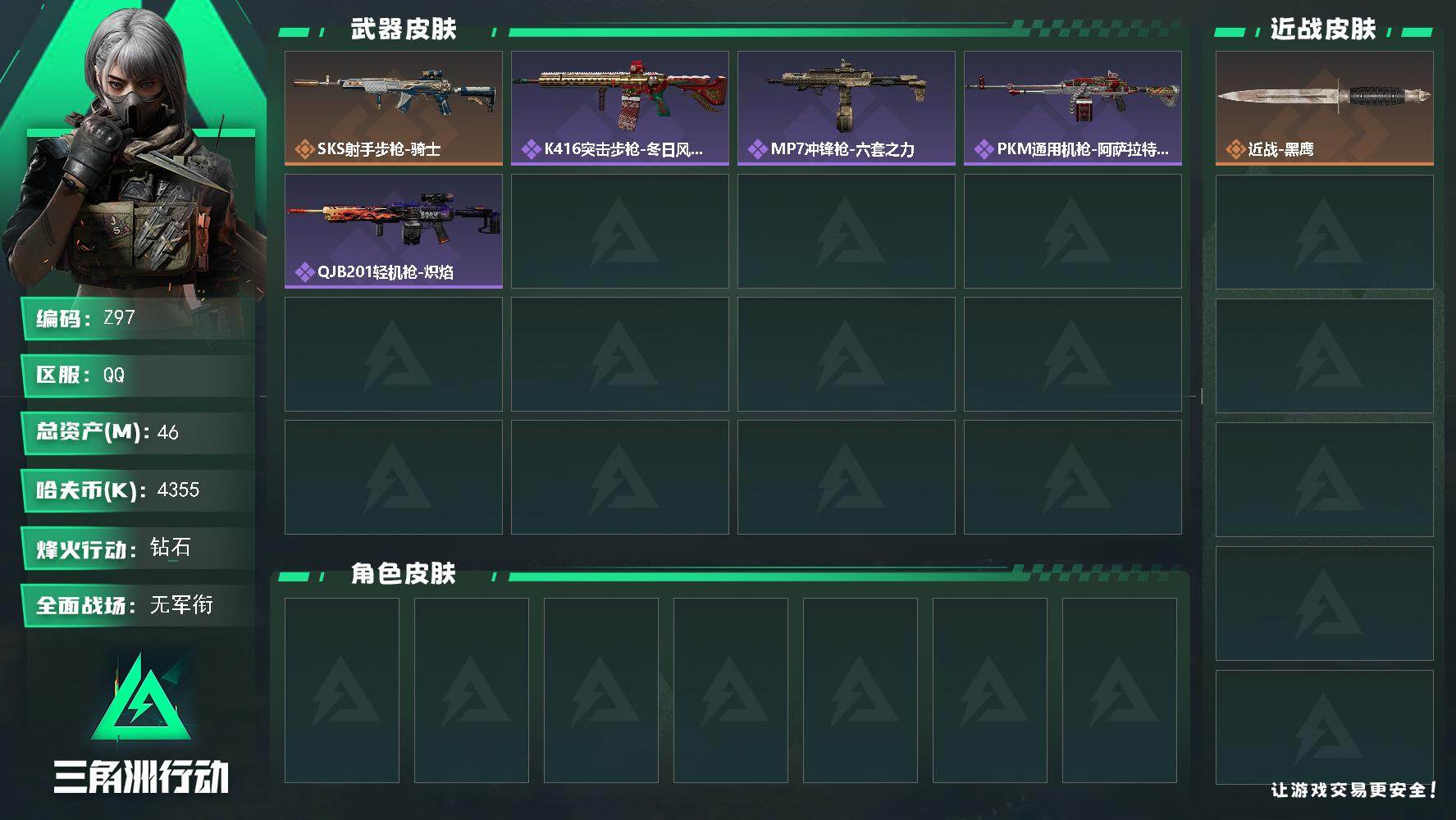三角洲行动账号QQ【Z97】总资产46M/哈夫币435万/传说枪皮数1/战场等级1/行动等级34/安全箱等时效性道具以游戏内数据为准，详情请看图/近战-黑鹰/SKS射手步枪-骑士/K416突击步枪-冬日风情/MP7冲