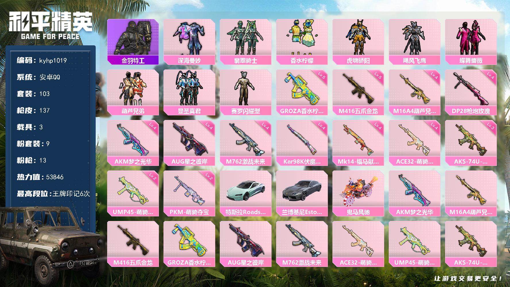 和平精英账号安卓QQ安卓 手Q-9粉装-13特效枪-3载具-0粉色飞行器-53846热力值-6王牌印记-103套装-13