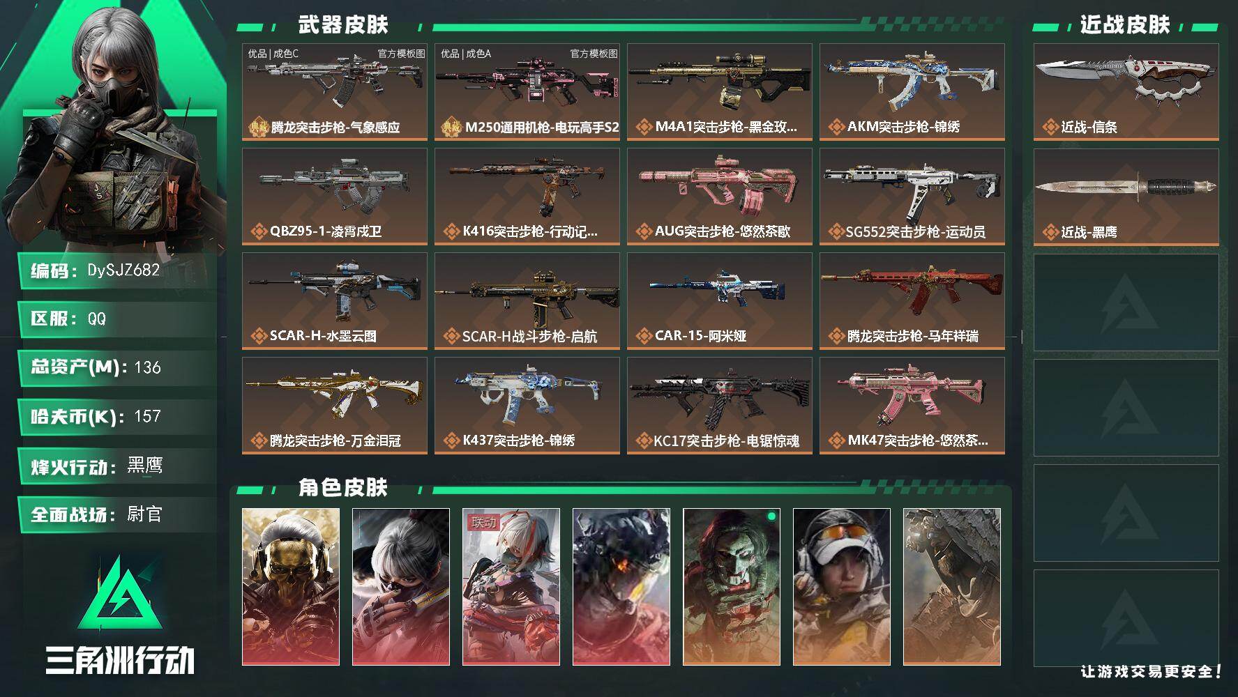 三角洲行动账号QQ【DySJZ682】136m总资产-157k哈夫币-60烽火等级-黑鹰-26战场等级-尉官
【干员外观】：红狼-蚀金玫瑰，骇爪-水墨云图，骇爪-维什戴尔，威龙-凌霄戍卫，红狼-电锯惊魂，露娜-金牌射手