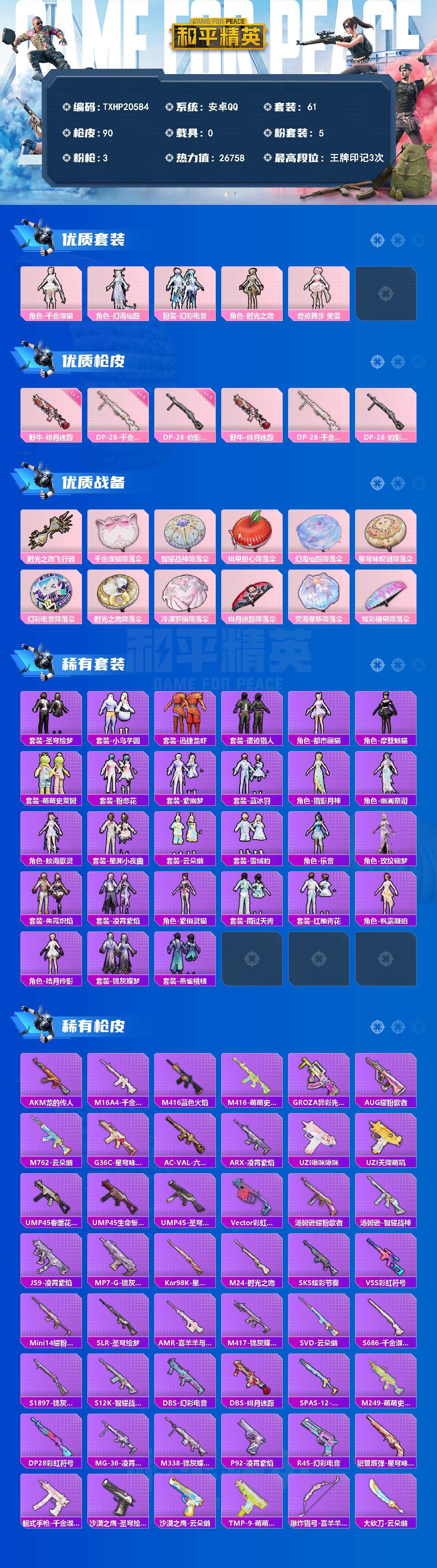 和平精英账号安卓QQ0载具-61套装-90枪皮-【TXHP20584】安卓 手Q-5粉装-3特效枪-0载具-1粉色飞行器-26758热力值-3王牌印记-61套装-90枪皮
【粉色套装】：角色-千金淑猫，角色-幻海仙踪，粉