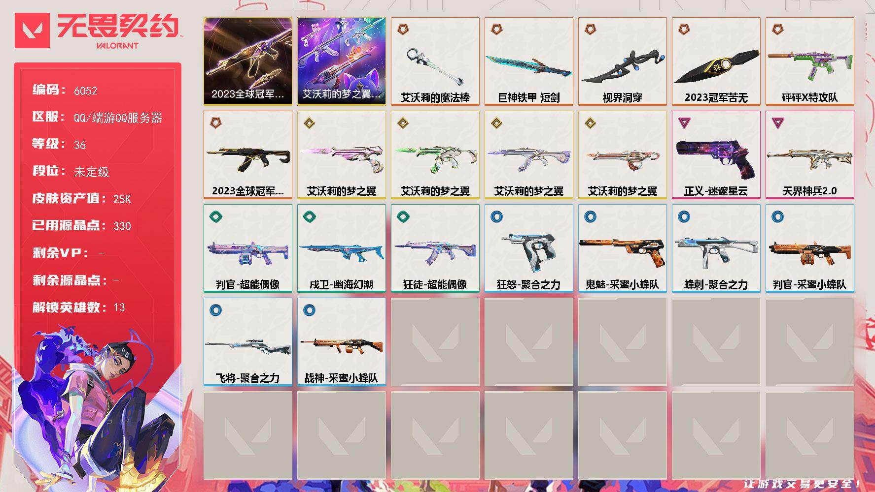 无畏契约账号QQLV等级36/皮肤总价值25830/段位未定级/总皮肤数量21/刀皮数量4/枪皮数量17/套装数量2/具体详情请看图/2023全球冠军赛/艾沃莉的梦之翼/炼狱/维斯/暮蝶/壹决/捷风/不死鸟/贤者/猎
