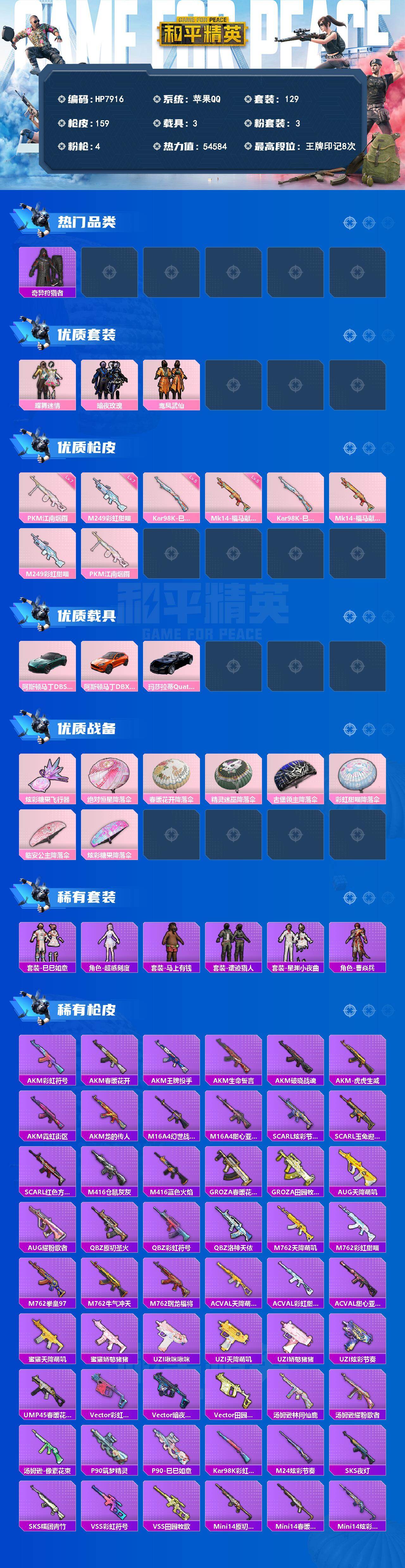 和平精英账号苹果QQ地铁满天赋-奇异狩猎者/蝶舞迷情/暗夜玫瑰/鸾凤武仙/98K巳巳如意五级/Mk14福马献瑞五级/M2