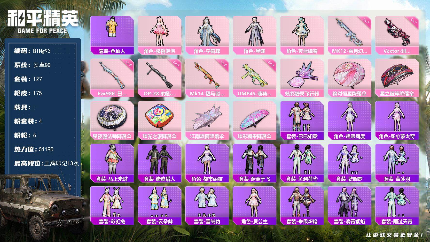 和平精英账号安卓QQ0载具-127套装-175枪皮-【BINg93】安卓 手Q-4粉装-6特效枪-0载具-1粉色飞行器-51195热力值-13王牌印记-127套装-175枪皮
【热门品类】：套装-龟仙人
【粉色套装】：角