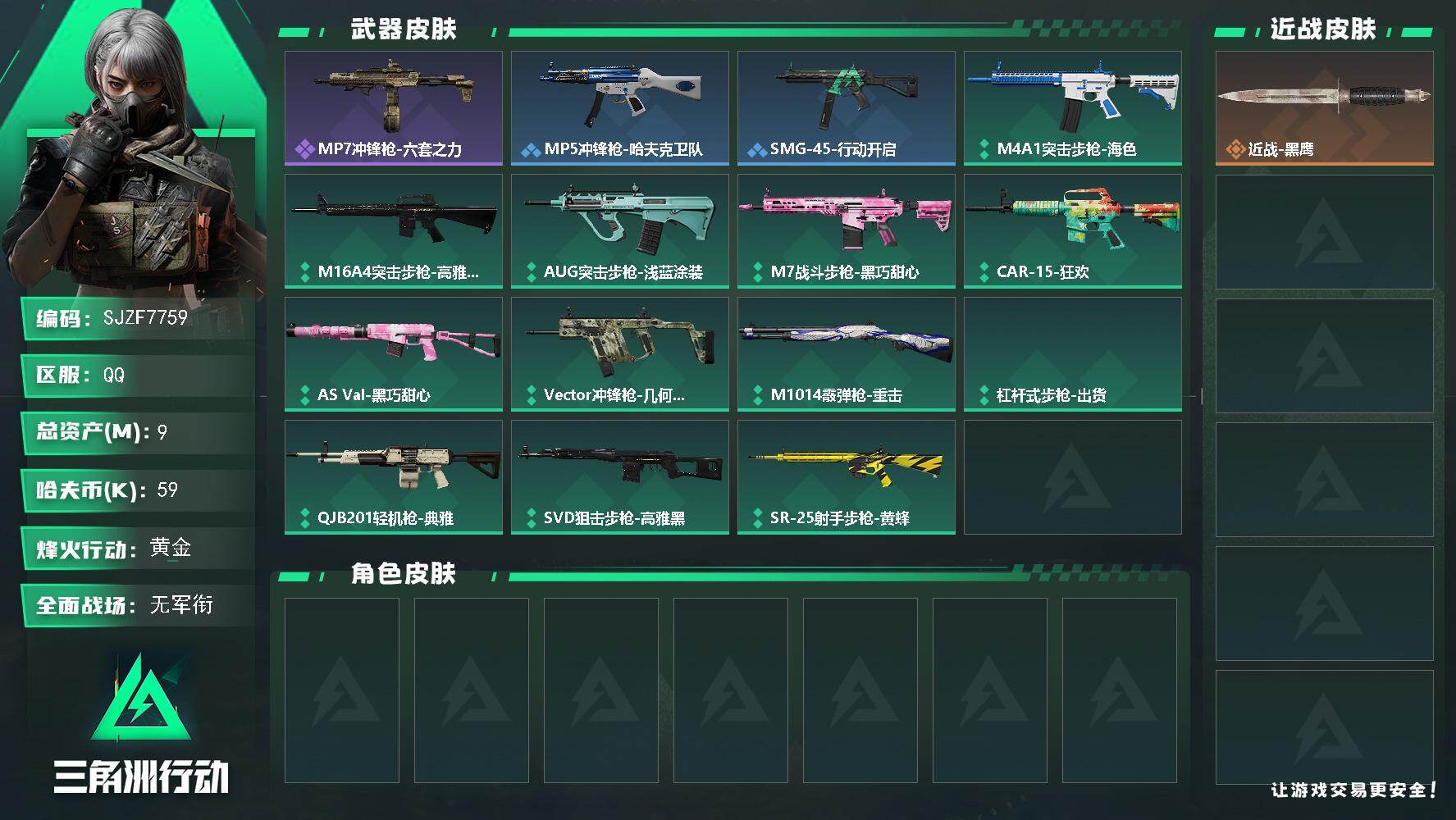 三角洲行动账号QQ【SJZF7759】总资产9M/哈夫币5万/战场等级1/行动等级33/安全箱等时效性道具以游戏内数据为准，详情请看图/近战-黑鹰/MP7冲锋枪-六套之力/MP5冲锋枪-哈夫克卫队/SMG-45冲锋枪