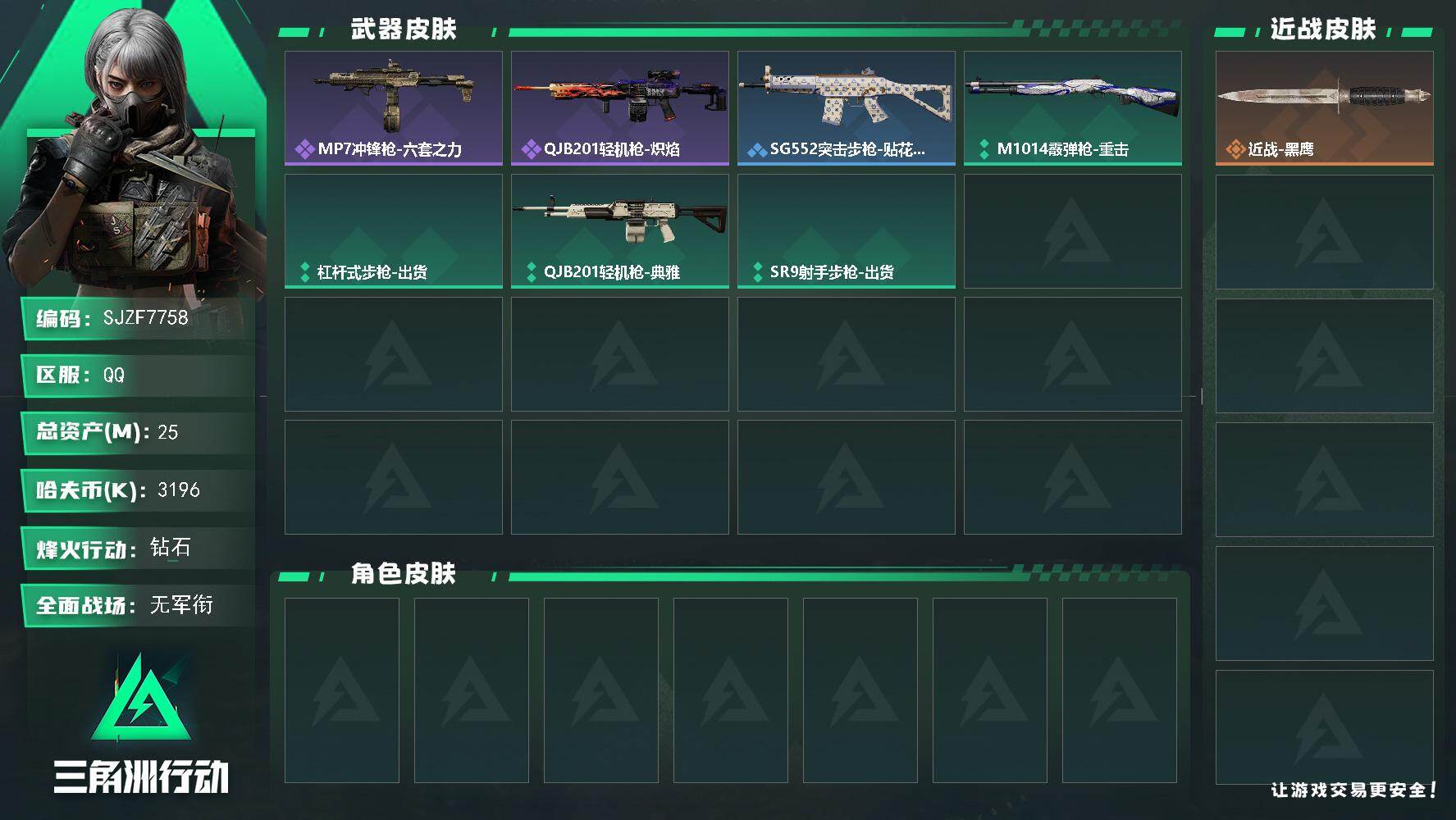 三角洲行动账号QQ【SJZF7758】总资产25M/哈夫币319万/战场等级1/行动等级32/安全箱等时效性道具以游戏内数据为准，详情请看图/近战-黑鹰/MP7冲锋枪-六套之力/QJB201轻机枪-炽焰/SG552突