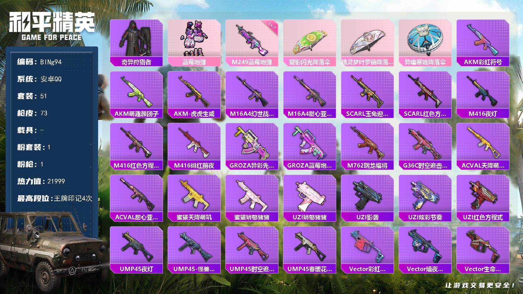 和平精英账号安卓QQ0载具-51套装-73枪皮-【BINg94】安卓 手Q-1粉装-1特效枪-0载具-0粉色飞行器-21999热力值-4王牌印记-51套装-73枪皮
【热门品类】：套装-奇异狩猎者
【粉色套装】：粉装-蓝