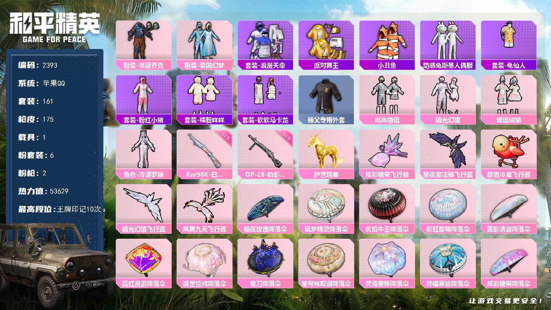 和平精英账号苹果QQ【2393】苹果 手Q-6粉装-2特效枪-1载具-6粉色飞行器-53629热力值-10王牌印记-161套装-175枪皮
【热门品类】：粉装-怪诞乔克，粉装-雪国幻梦，套装-浪漫天命，套装-派对舞王，套