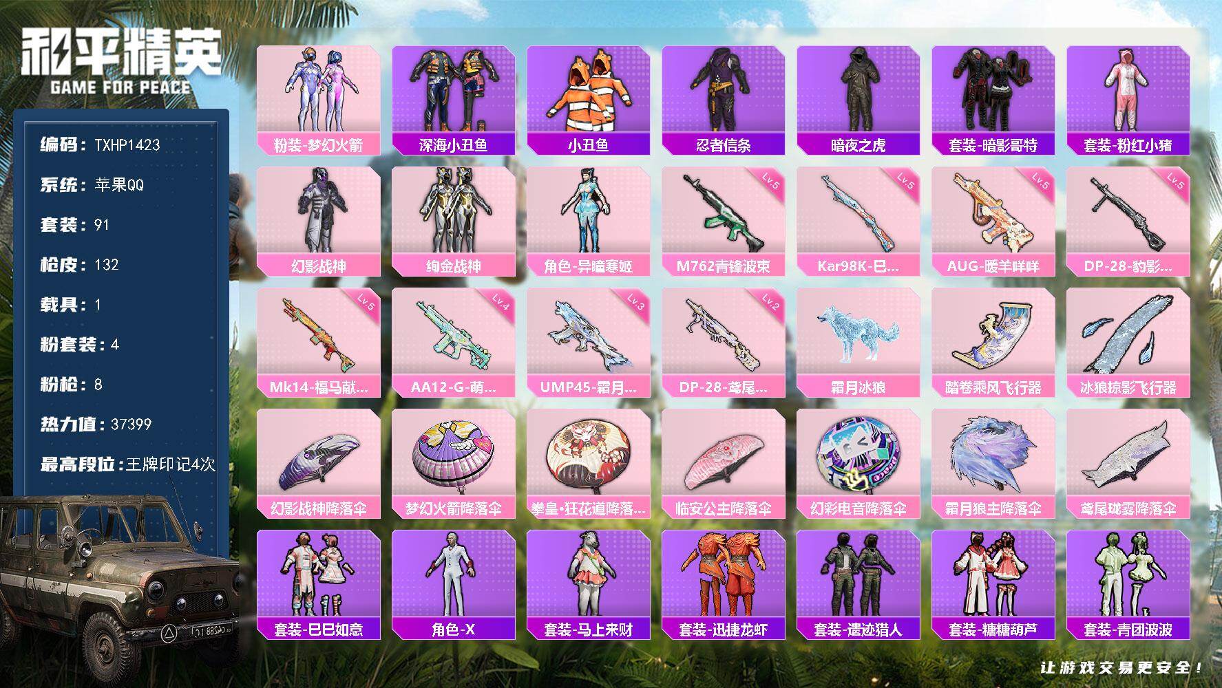和平精英账号苹果QQ【TP1423】苹果 手Q-4粉装-8特效枪-1载具-2粉色飞行器-37399热力值-4王牌印记-9