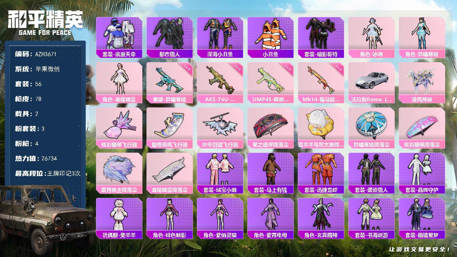 和平精英账号苹果微信【AZH3671】苹果 微信【都市深海小丑鱼暗影哥特 2载具】3粉装-4特效枪-2载具-3粉色飞行器