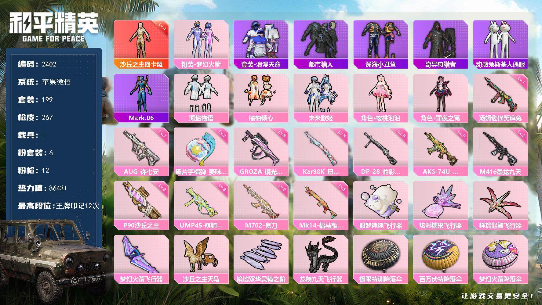 和平精英账号苹果微信【2402】【精氪素材身法号·4级图卡盟·6粉装12特效枪满级aug许七安·都市猎人·深海小丑鱼·奇异狩猎者】
苹果 微信-1神装-6粉装-12特效枪-0载具-7粉色飞行器-86431热力值-12王牌