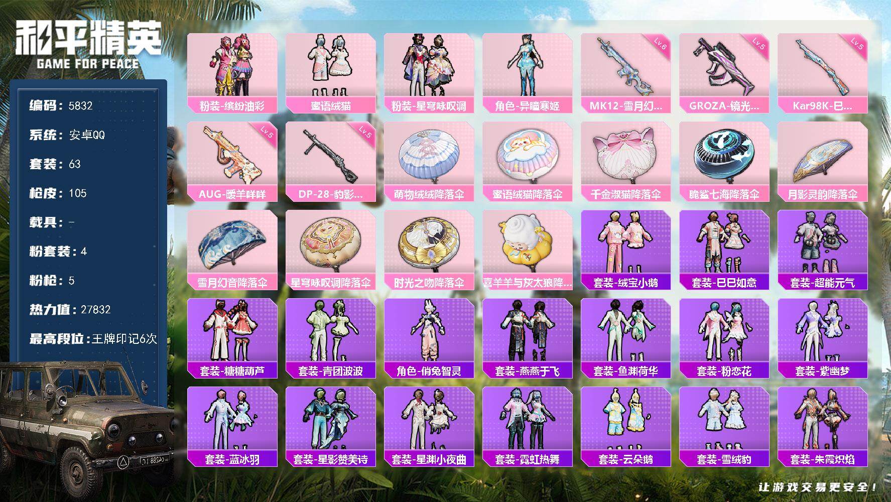 和平精英账号安卓QQ63套装/枪械5/装备118/战备82/王牌印记6/热力值27832/五级GROZA-镜光银凌/五级AUG-暖羊咩咩/五级Kar98K-巳巳如意/六级MK12-雪月幻音/五级DP-28-豹影疾电/粉装