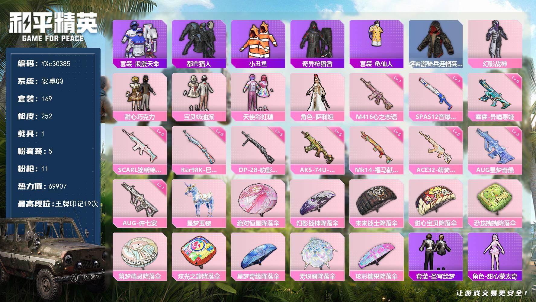 和平精英账号安卓QQ【都市 巧克力 3级AUG星梦 粉熊包 满地铁天赋】YXc30385-【可二次】【因赛季更新游戏段付以上号为准!】
 安卓Q-4稀有1载具5粉装11特效枪13热门169套装252枪皮 19印记 历史传