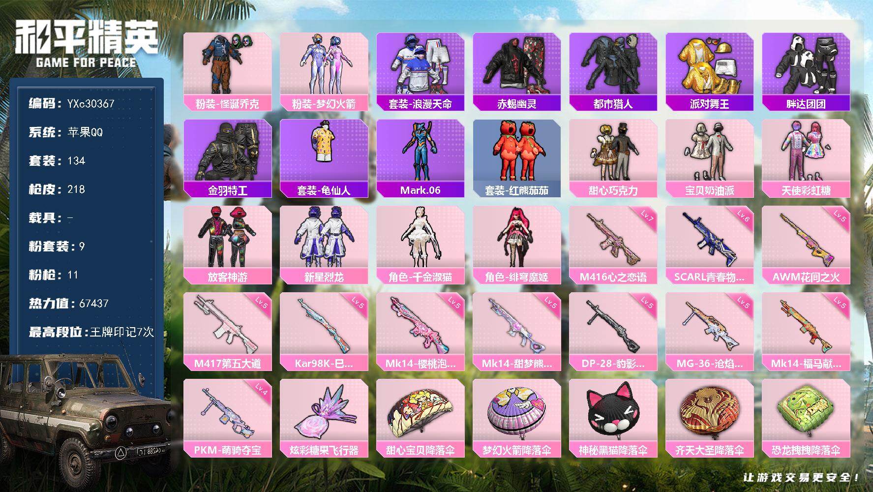 和平精英账号苹果QQ【精氪素材号！赤蝎 都市 金鞋 巧克力 怪诞 放客 番茄 胖达 国宝头 粉熊包 满地铁天赋】YXc30367-【无二次】【因赛季更新游戏段付以上号为准!】
 苹果Q-6稀有9粉装11特效枪17热门13