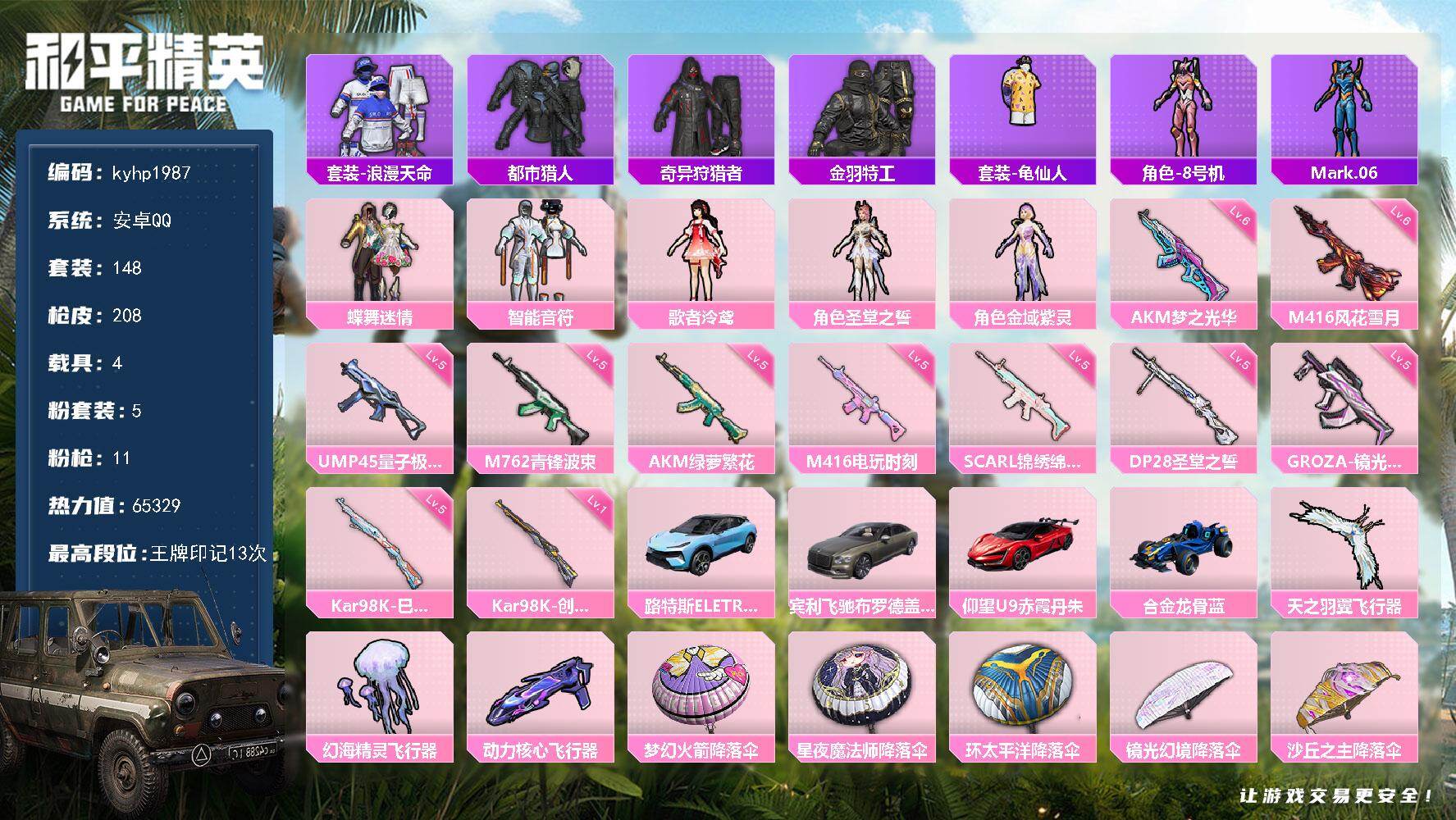 和平精英账号安卓QQ安卓 手Q-5粉装-11特效枪-4载具-4粉色飞行器-65329热力值-13王牌印记-148套装-2