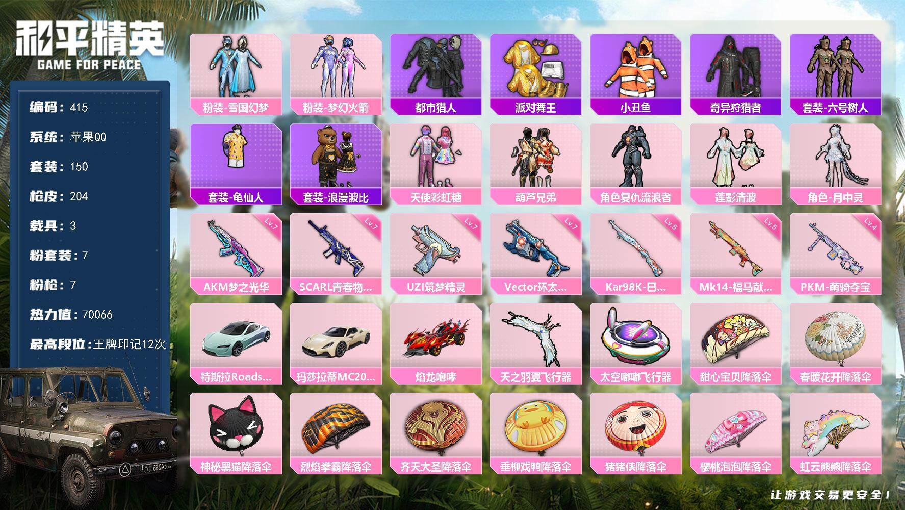 和平精英账号苹果QQ3载具-150套装-204枪皮-A2109苹果 手Q-7粉装-7特效枪-3载具-2粉色飞行器-70066热力值-12王牌印记-150套装-204枪皮
【热门品类】：粉装-雪国幻梦，粉装-梦幻火箭，套装