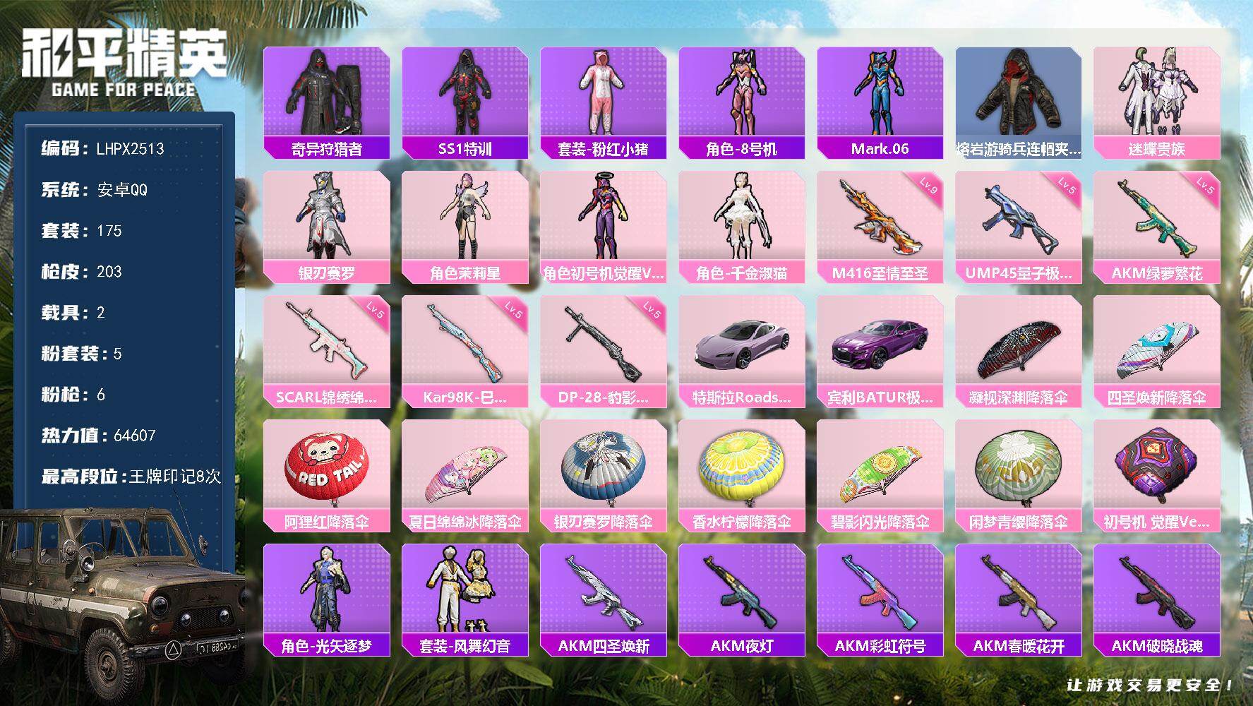 和平精英账号安卓QQ【满级m4至情至胜奇异ss1特训8号机觉醒螳螂6号机双载具精品号】安卓 手Q-5粉装-6特效枪-2载具-0粉色飞行器-64607热力值-8王牌印记-175套装-203枪皮
【热门品类】：套装-奇异狩