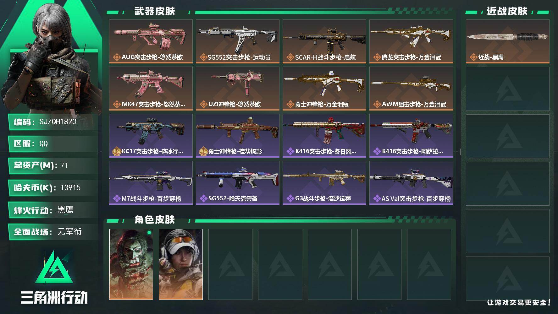 三角洲行动账号QQ【SJZQH1820】总资产71M/哈夫币1391万/传说枪皮数8/战场等级1/行动等级60/安全箱等时效性道具以游戏内数据为准，详情请看图/红狼-电锯惊魂/露娜-金牌射手/近战-黑鹰/AUG突击步