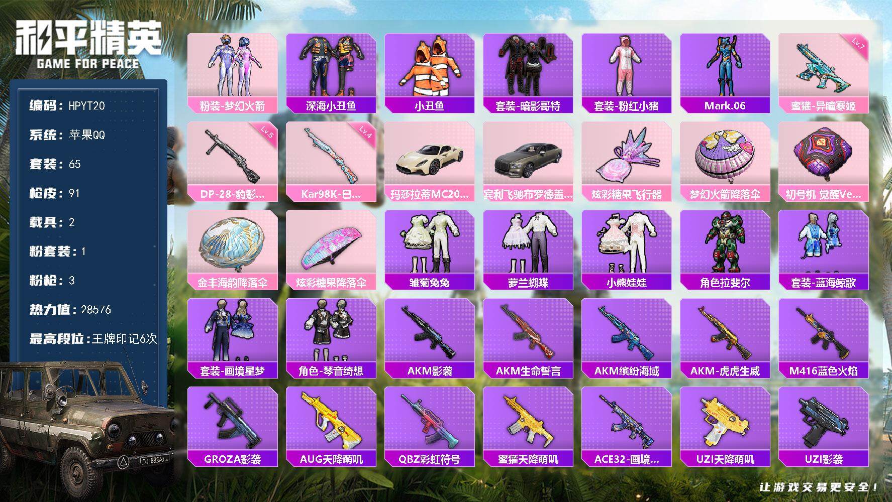 和平精英账号苹果QQ【HPYT20】65套装/枪械3/装备119/载具2/战备64/王牌印记6/热力值28576/七级蜜獾-异瞳寒姬/四级Kar98K-巳巳如意/五级DP-28-豹影疾电/粉装-梦幻火箭/深海小丑鱼/小