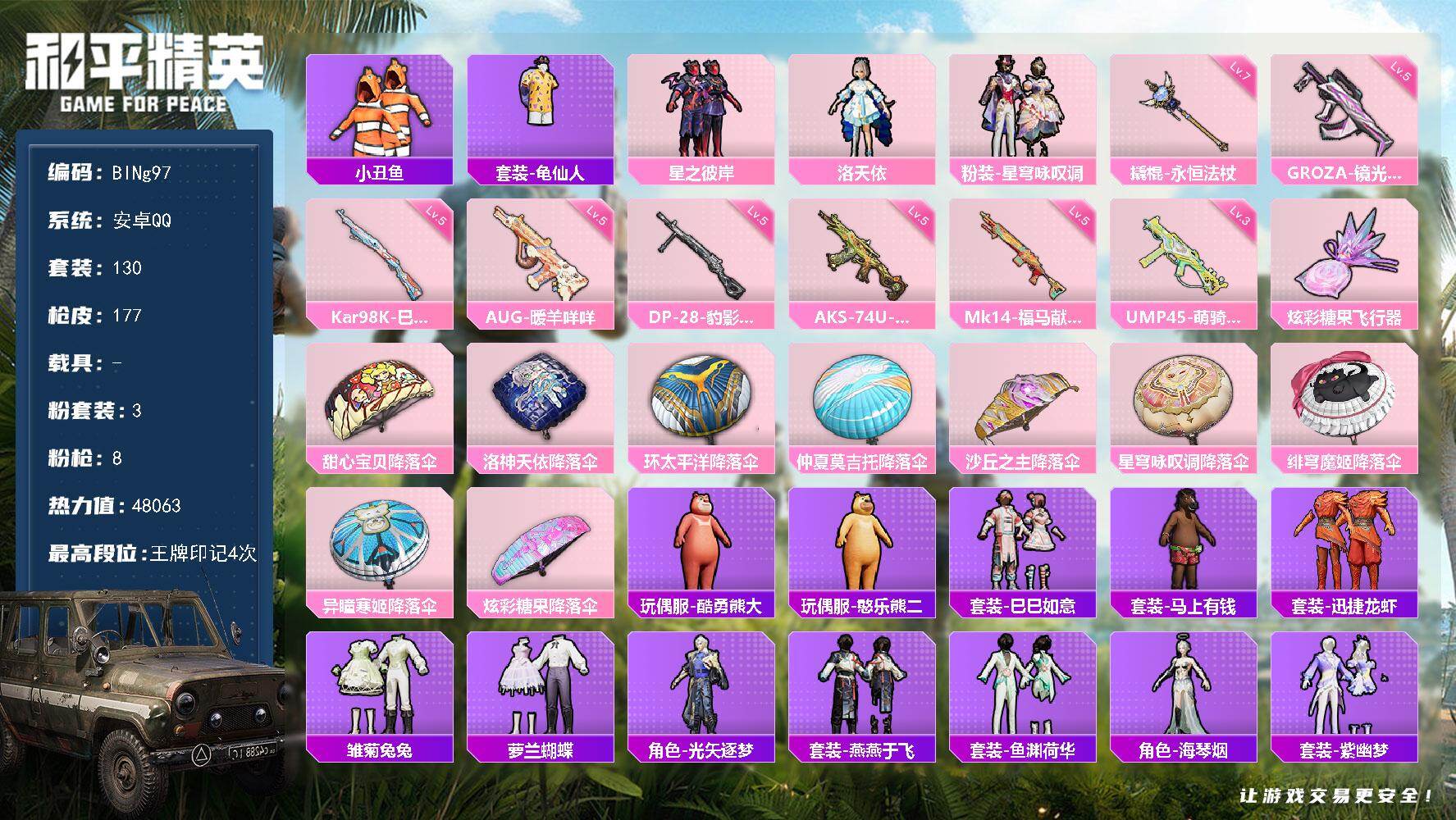 和平精英账号安卓QQ0载具-130套装-177枪皮-【BINg97】安卓 手Q-3粉装-8特效枪-0载具-1粉色飞行器-48063热力值-4王牌印记-130套装-177枪皮
【热门品类】：套装-小丑鱼，套装-龟仙人
【粉