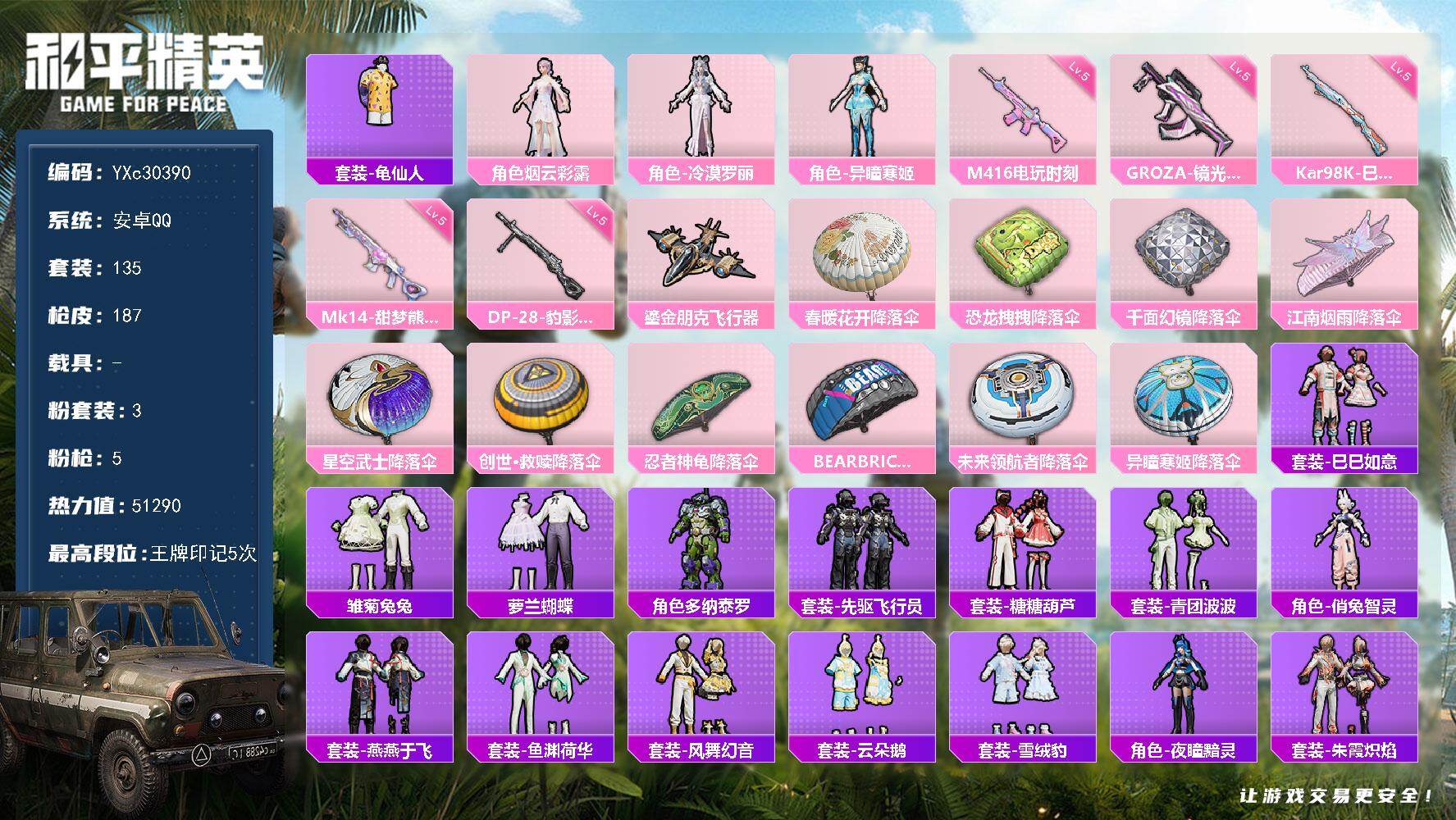 和平精英账号安卓QQ【满地铁天赋】YXc30390-【可二次】【因赛季更新游戏段付以上号为准!】
 安卓Q-3粉装5特效枪5热门135套装187枪皮  5印记 历史卓越王牌8星 
【3粉装】 异瞳寒姬 烟云彩露 冷漠罗丽