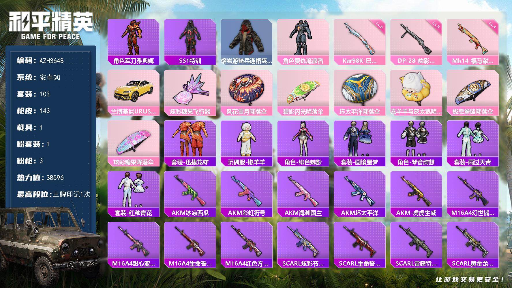 和平精英账号安卓QQ【AZH3648】安卓 手Q【复仇流浪者 奇迹天团 1载具】1粉装-3特效枪-1载具-1粉色飞行器-