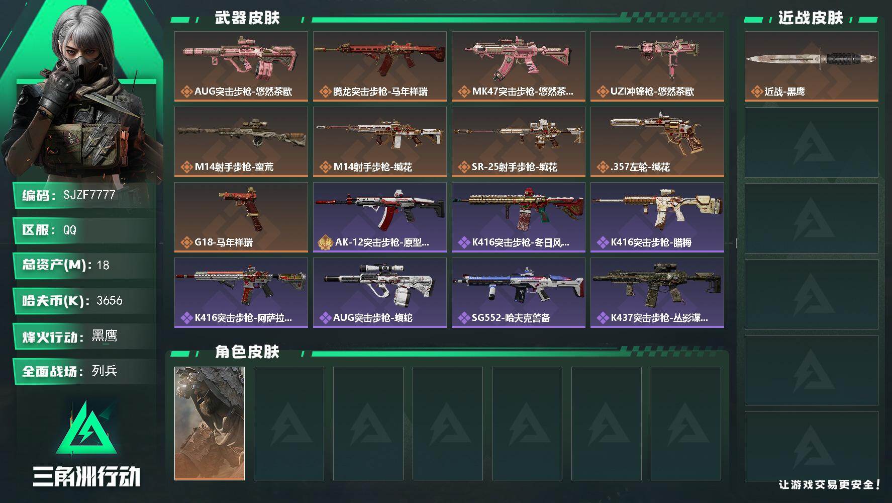 三角洲行动账号QQ【SJZF7777】总资产18M/哈夫币365万/传说枪皮数9/战场等级11/行动等级60/安全箱等时效性道具以游戏内数据为准，详情请看图/乌鲁鲁-荒原猎手/近战-黑鹰/AUG突击步枪-悠然茶歇/腾