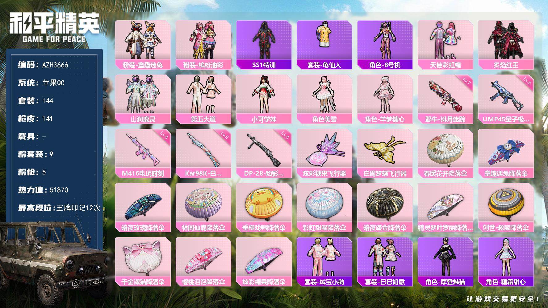 和平精英账号苹果QQ【AZH3666】苹果 手Q【猪脸童趣迷兔第五大道】9粉装-5特效枪-0载具-2粉色飞行器-5187