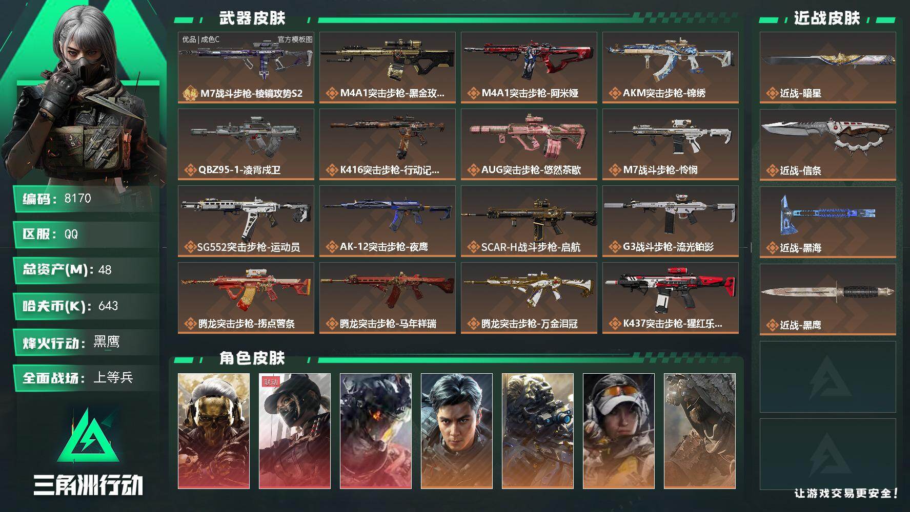 三角洲行动账号QQ总资产48M/哈夫币64万/传说近战数1/传说枪皮数40/战场等级16/行动等级60/安全箱等时效性道具以游戏内数据为准，详情请看图/红狼-蚀金玫瑰/露娜-黑·天际线/威龙-凌霄戍卫/威龙-飞虎/无名