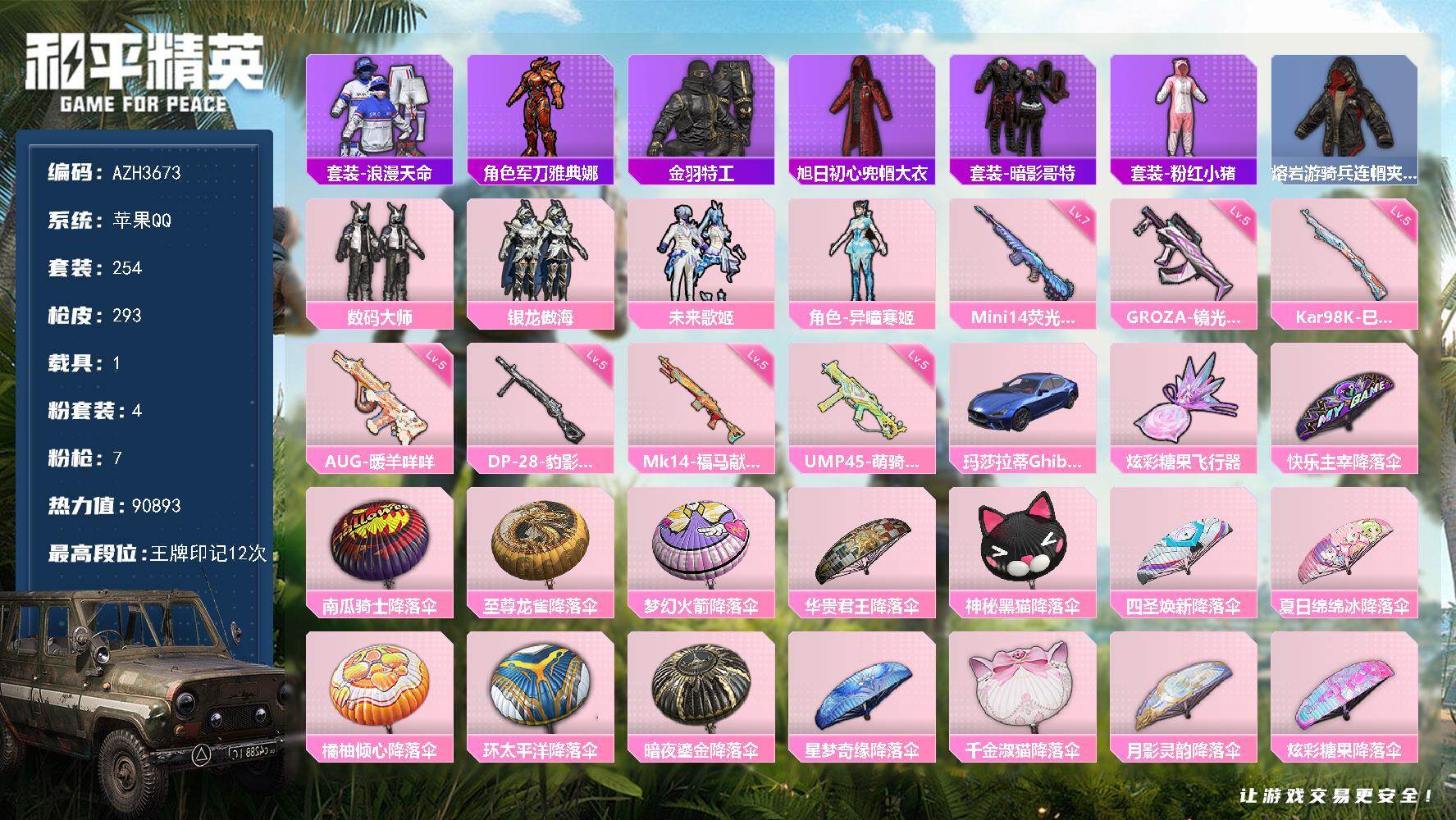 和平精英账号苹果QQ【AZH3673】苹果 手Q【暗影哥特浪漫天命 满级荧光虫舞Mini14 粉熊背包 1载具】4粉装-