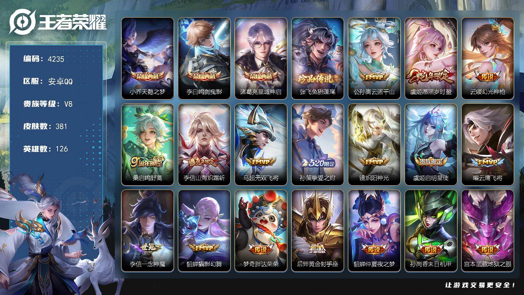 王者荣耀账号安卓QQ【4235】安卓Q-V8-尊贵铂金III段位-126英雄-381皮肤-3典藏皮肤-1珍品传说-18传