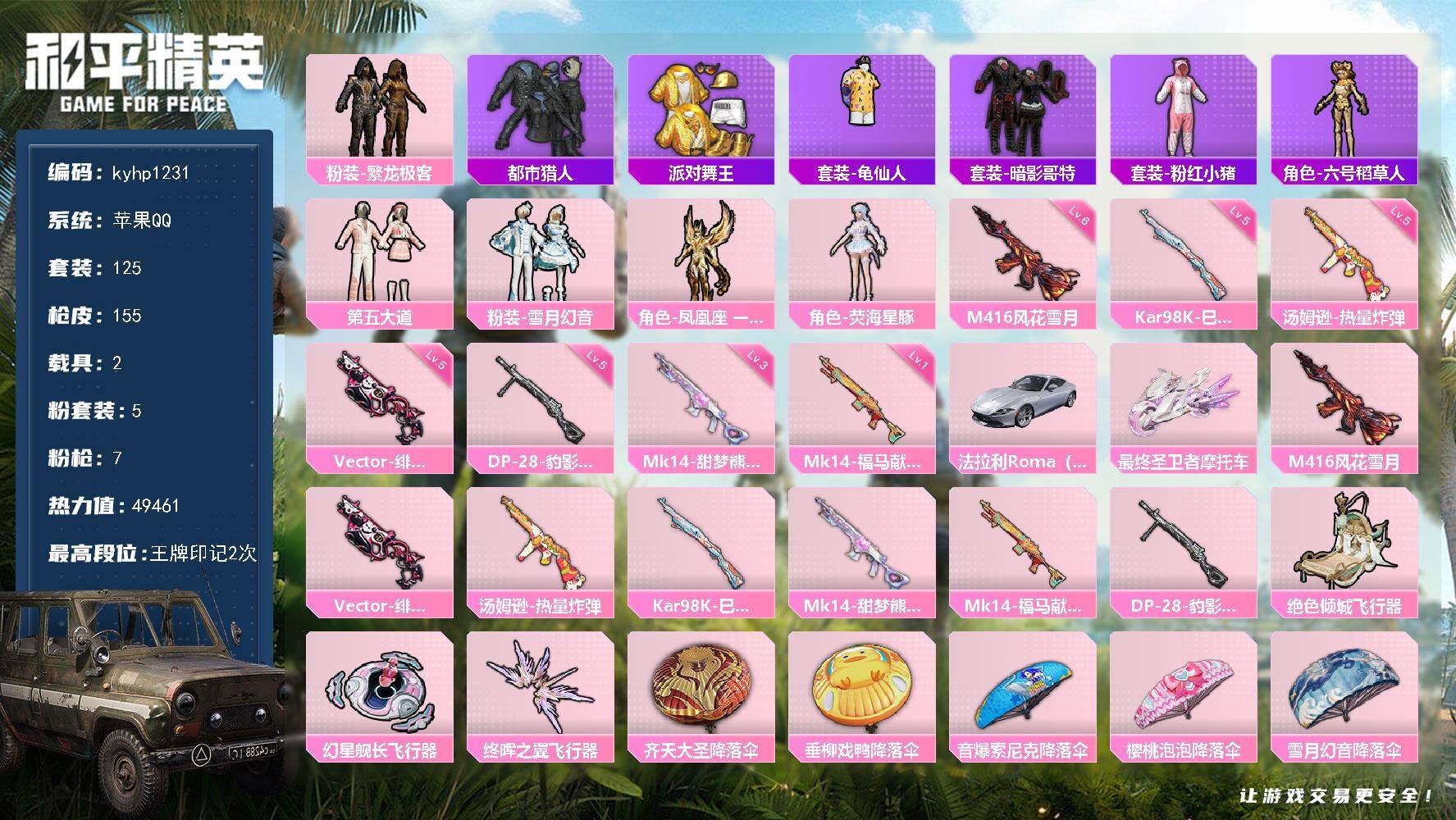 和平精英账号苹果QQ苹果 手Q-5粉装-7特效枪-2载具-3粉色飞行器-49461热力值-2王牌印记-125套装-155