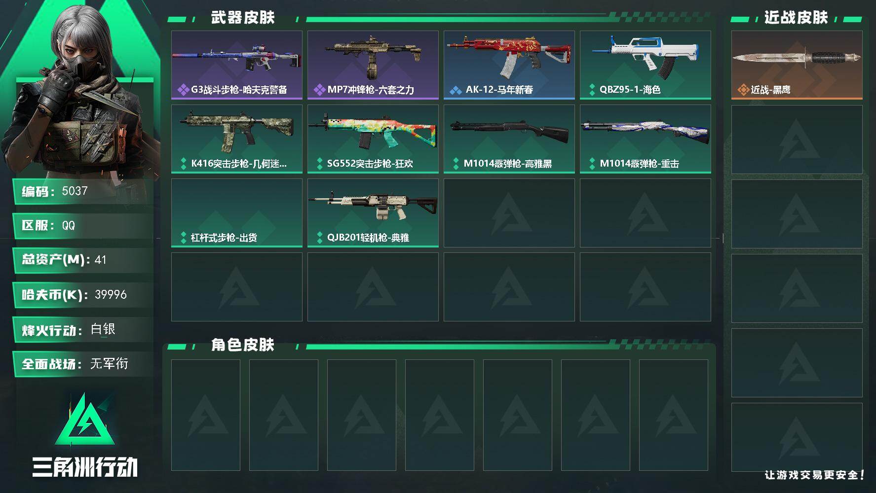 三角洲行动账号QQPX_2572364-41m总资产-39996k哈夫币-36烽火等级-白银-1战场等级-无军衔
【近战皮肤】：近战-黑鹰
【史诗外观】：G3战斗步枪-哈夫克警备，MP7冲锋枪-六套之力
【稀
