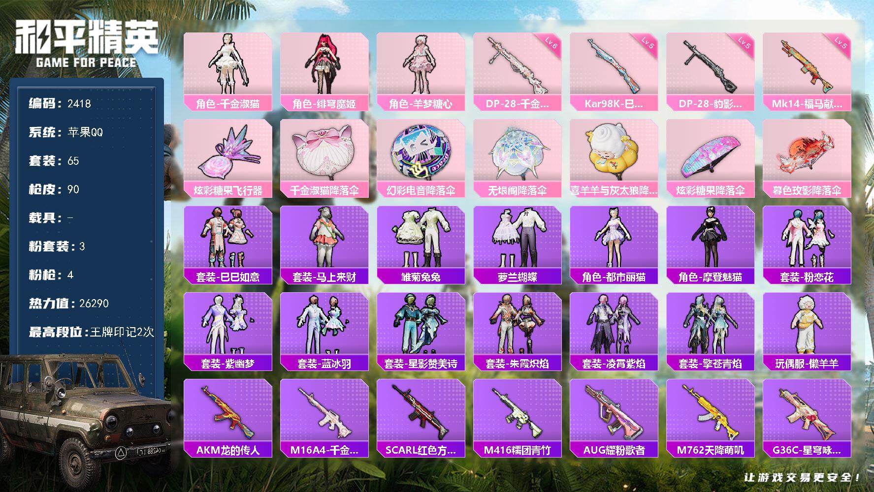 和平精英账号苹果QQ【2418】【苹果手q精品女号公主号·1粉装4特效枪1粉飞行器·羊梦糖心·千金淑猫】
苹果 手Q-3