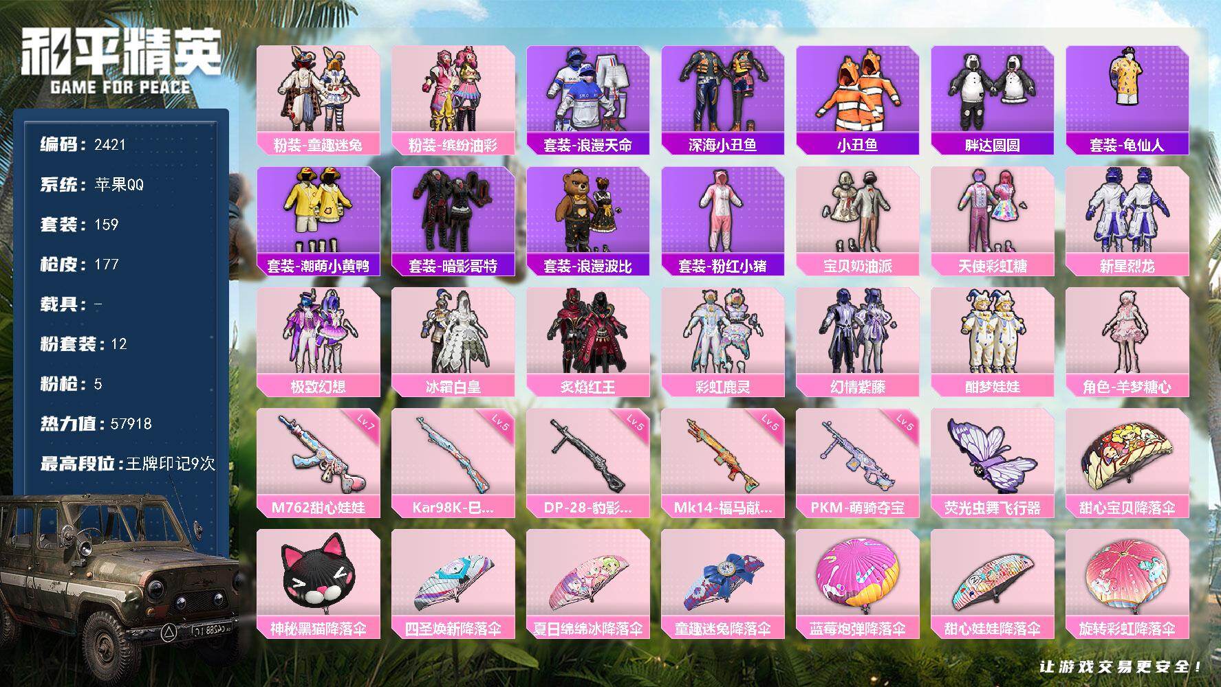 和平精英账号苹果QQ【2421】df苹果 【猪脸，深海小丑鱼，胖达，哥特红眼罩，浪漫波比，小白龙，国宝头盔熊猫】手Q-1