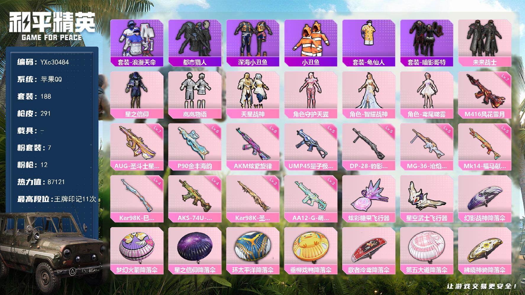 和平精英账号苹果QQ【都市 小丑鱼 哥特 满地铁天赋】YXc30484-【无二次协助处理】【因赛季更新游戏段付以上号为准!】
 苹果Q-3稀有7粉装12特效枪12热门188套装291枪皮  11印记 历史绝世王牌20星 