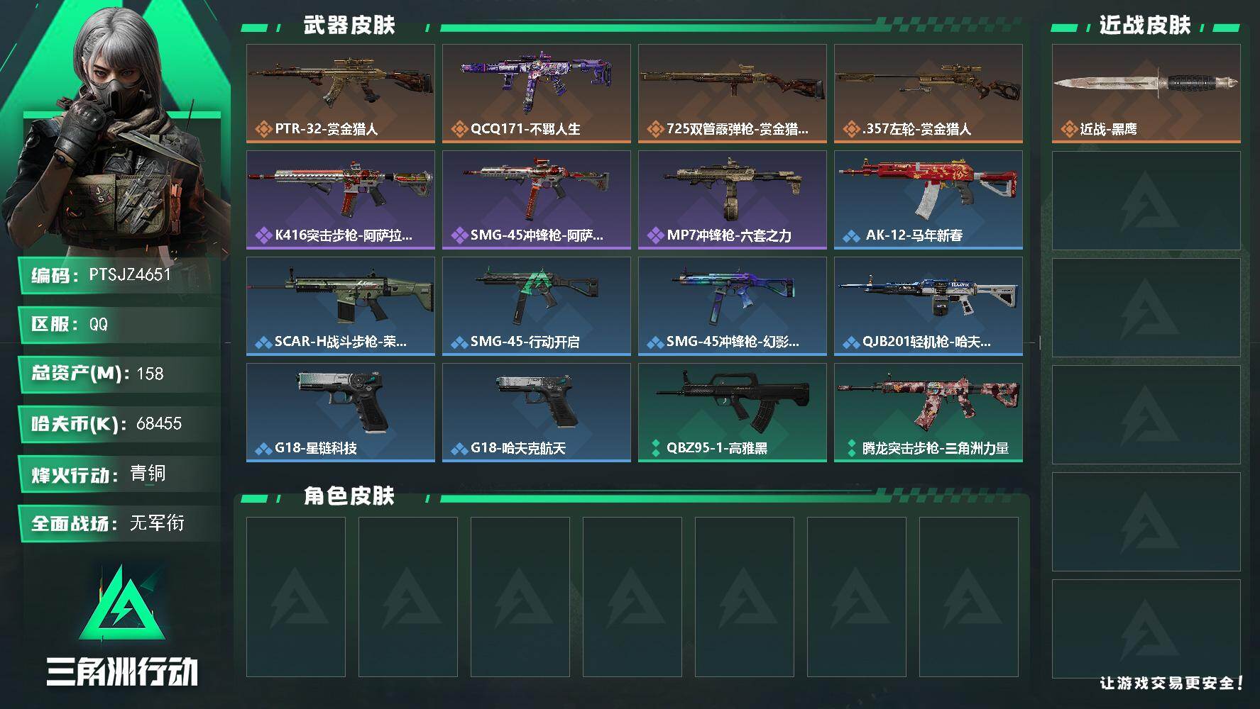 三角洲行动账号QQ【PTSJZ4651】总资产158M/哈夫币6845万/传说枪皮数4/战场等级1/行动等级60/安全