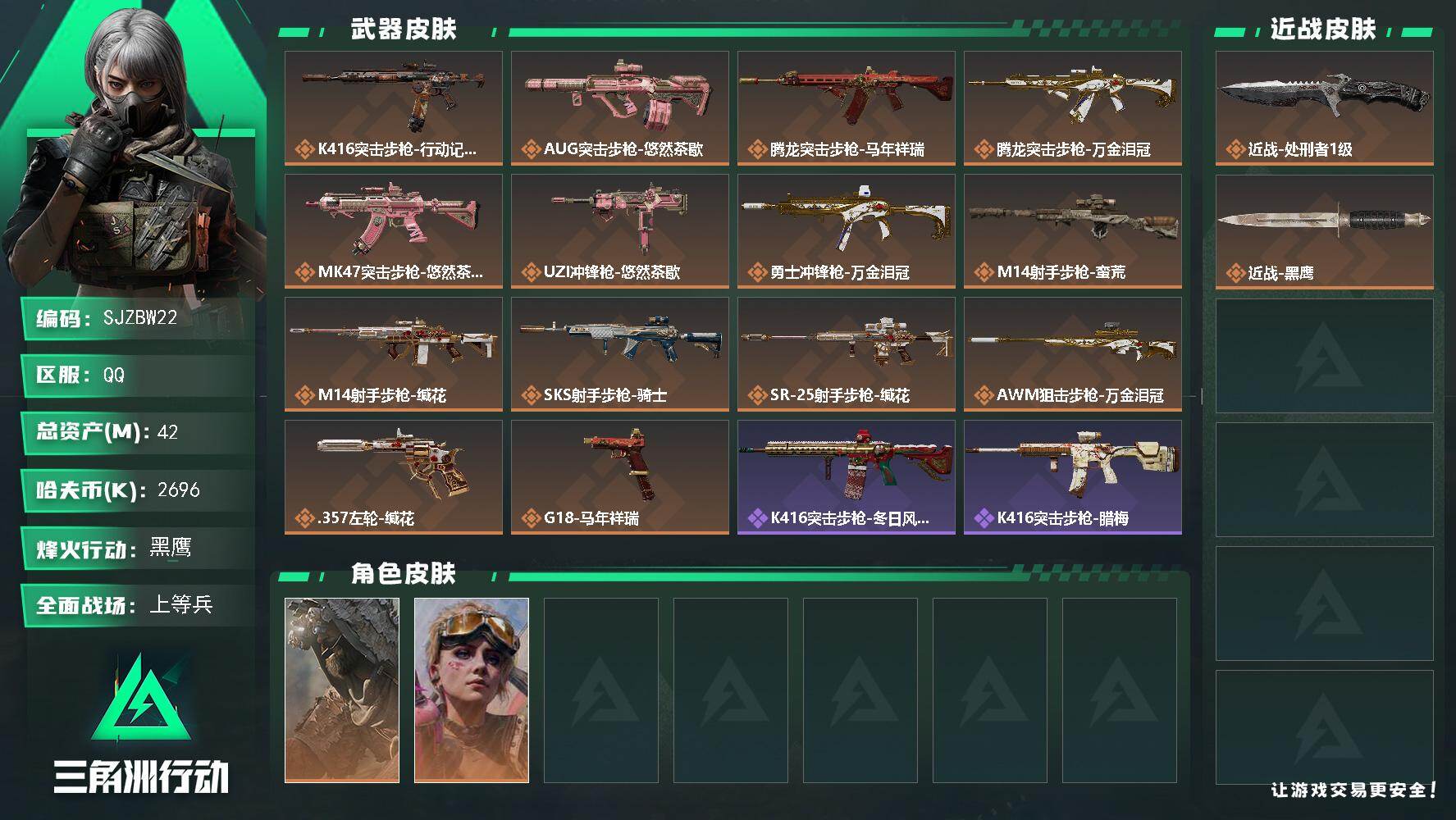 三角洲行动账号QQ【SJZBW22】总资产42M/哈夫币269万/传说近战数1/传说枪皮数14/战场等级20/行动等级60/安全箱等时效性道具以游戏内数据为准，详情请看图/乌鲁鲁-荒原猎手/蛊-不羁人生/近战-处刑者