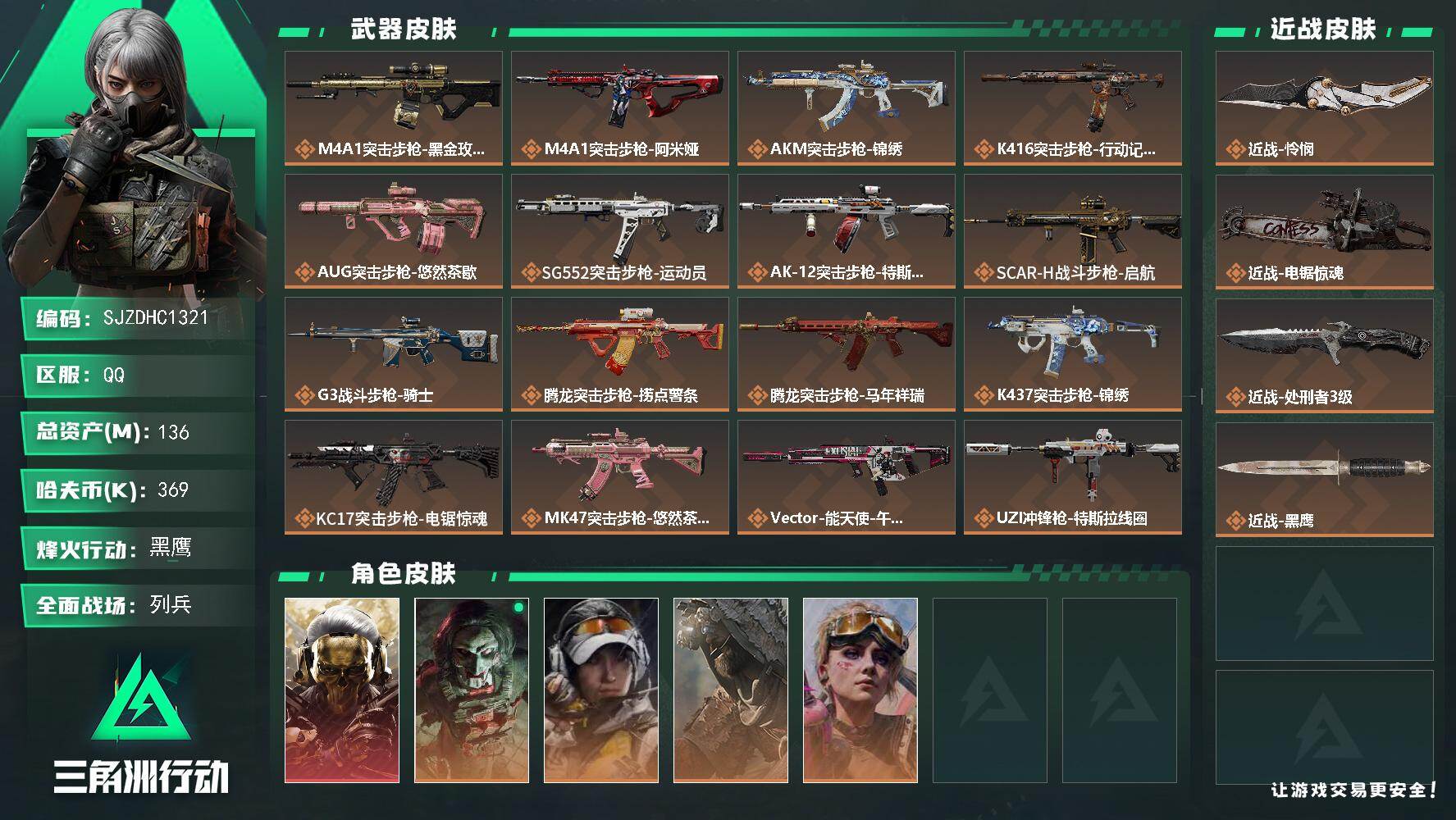 三角洲行动账号QQ【SJZDHC1321】DHC20009  1红皮/4金皮/怜悯 136m总资产-369k哈夫币-6