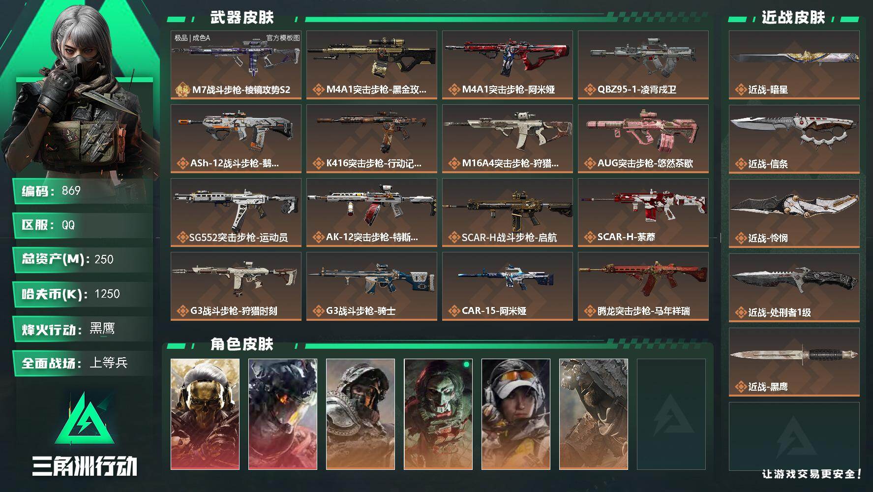 三角洲行动账号QQ【869】250m总资产-1250k哈夫币-60烽火等级-黑鹰-24战场等级-上等兵
【总资产250.5M-怜悯-信条-暗星-130发aw子弹-极品Am7棱镜攻势】
【干员外观】：红狼-蚀金玫瑰，威龙