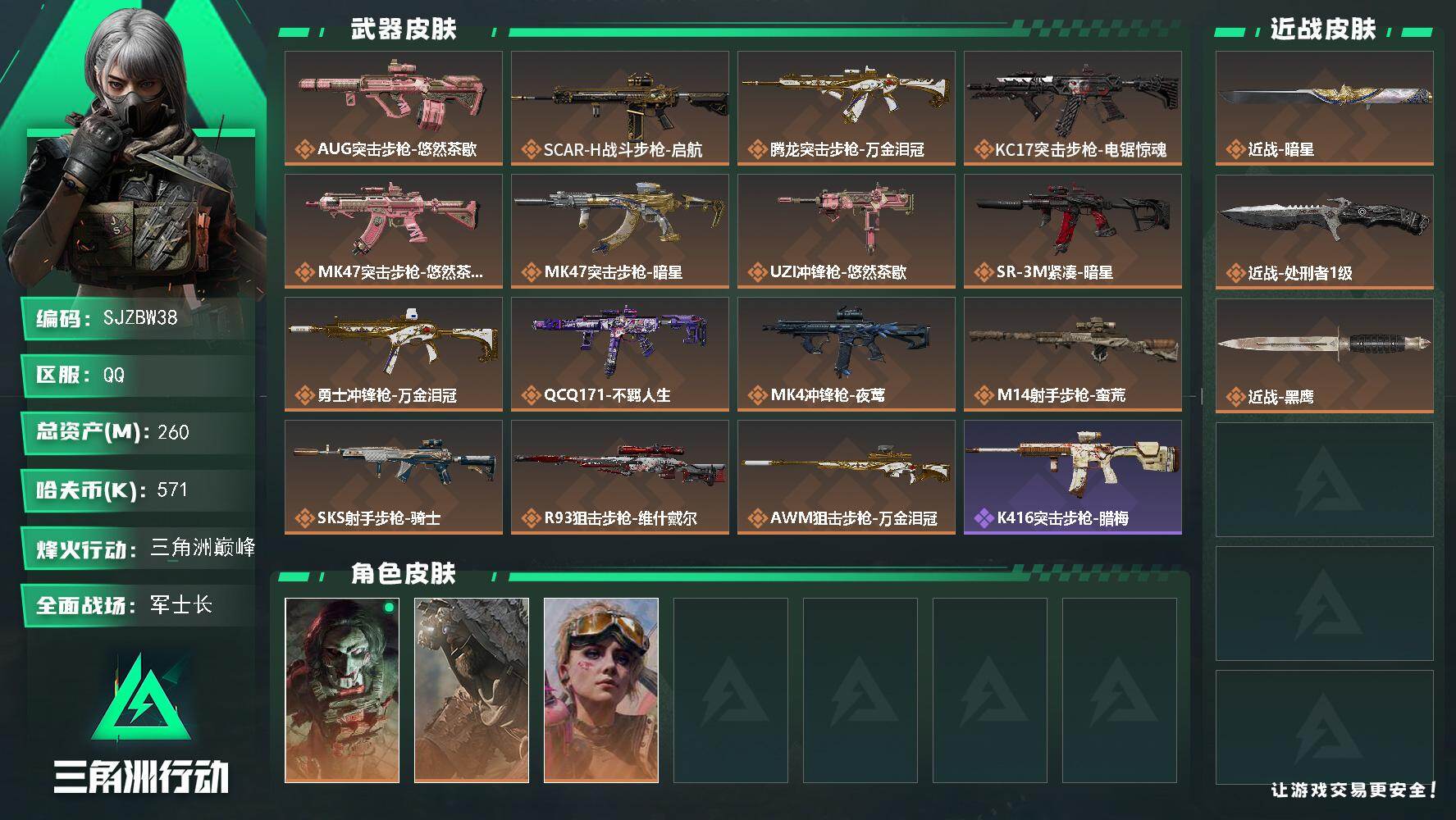 三角洲行动账号QQ【SJZBW38】总资产260M/哈夫币57万/传说近战数1/传说枪皮数15/战场等级31/行动等级60/安全箱等时效性道具以游戏内数据为准，详情请看图/红狼-电锯惊魂/乌鲁鲁-荒原猎手/蛊-不羁人
