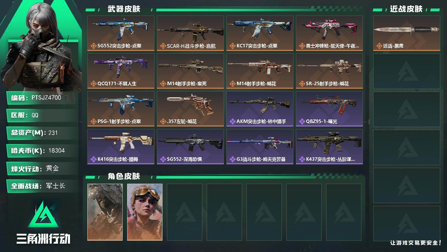 三角洲行动账号QQ【PTSJZ4700】总资产231M/哈夫币1830万/传说枪皮数10/战场等级20/行动等级60/