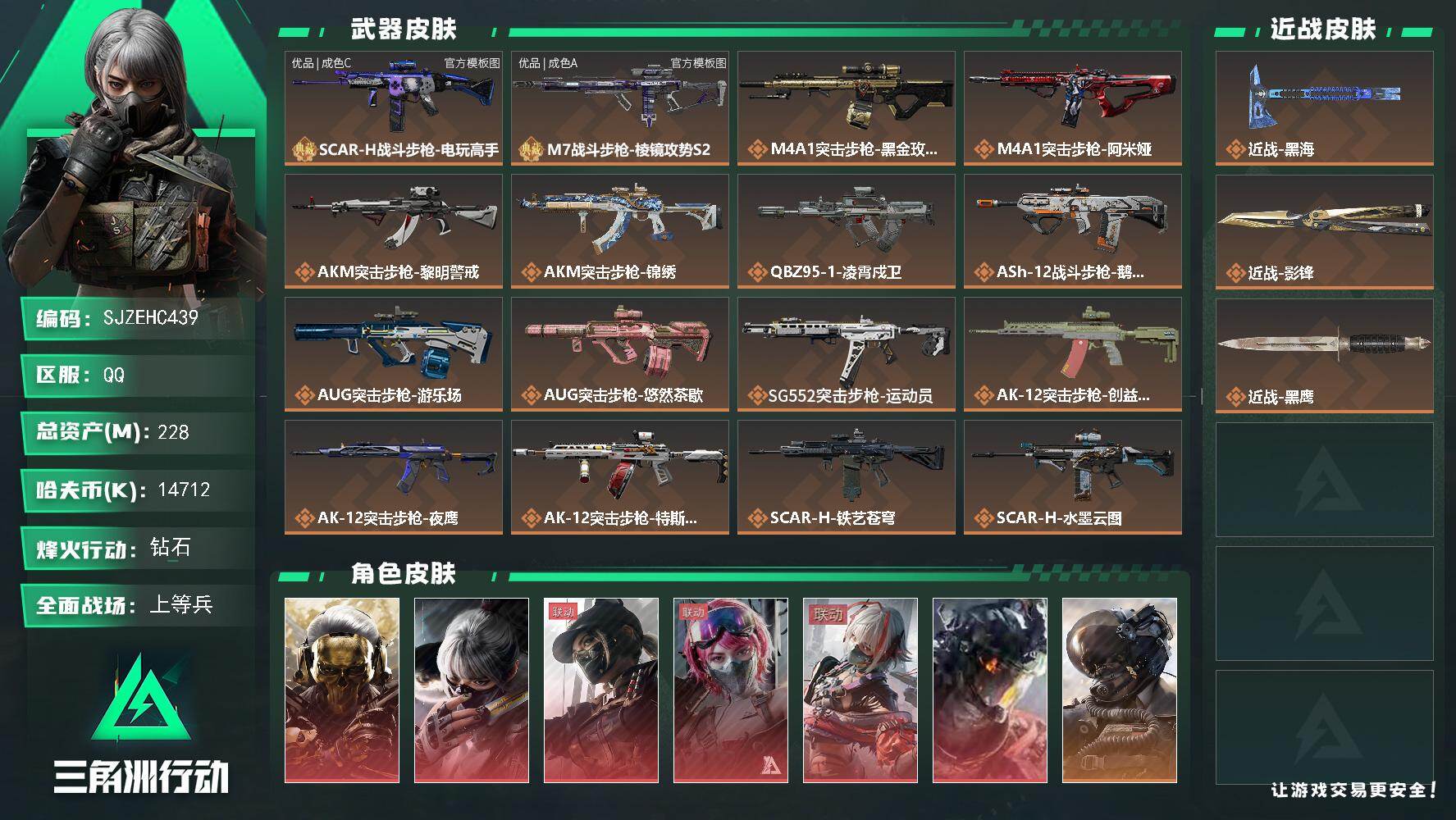 三角洲行动账号QQ【SJZEHC439】EHC82704-满红皮-2典藏枪皮-2刀皮-7金皮
228m总资产-1471