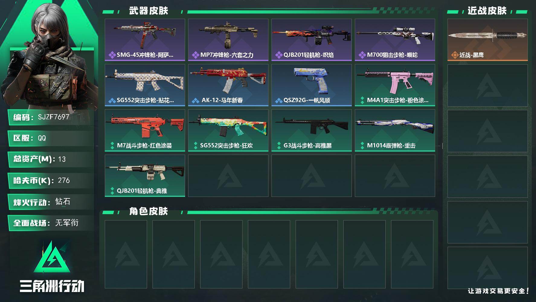 三角洲行动账号QQ【SJZF7697】总资产13M/哈夫币27万/战场等级1/行动等级36/安全箱等时效性道具以游戏内数据为准，详情请看图/近战-黑鹰/SMG-45冲锋枪-阿萨拉特攻/MP7冲锋枪-六套之力/QJB2