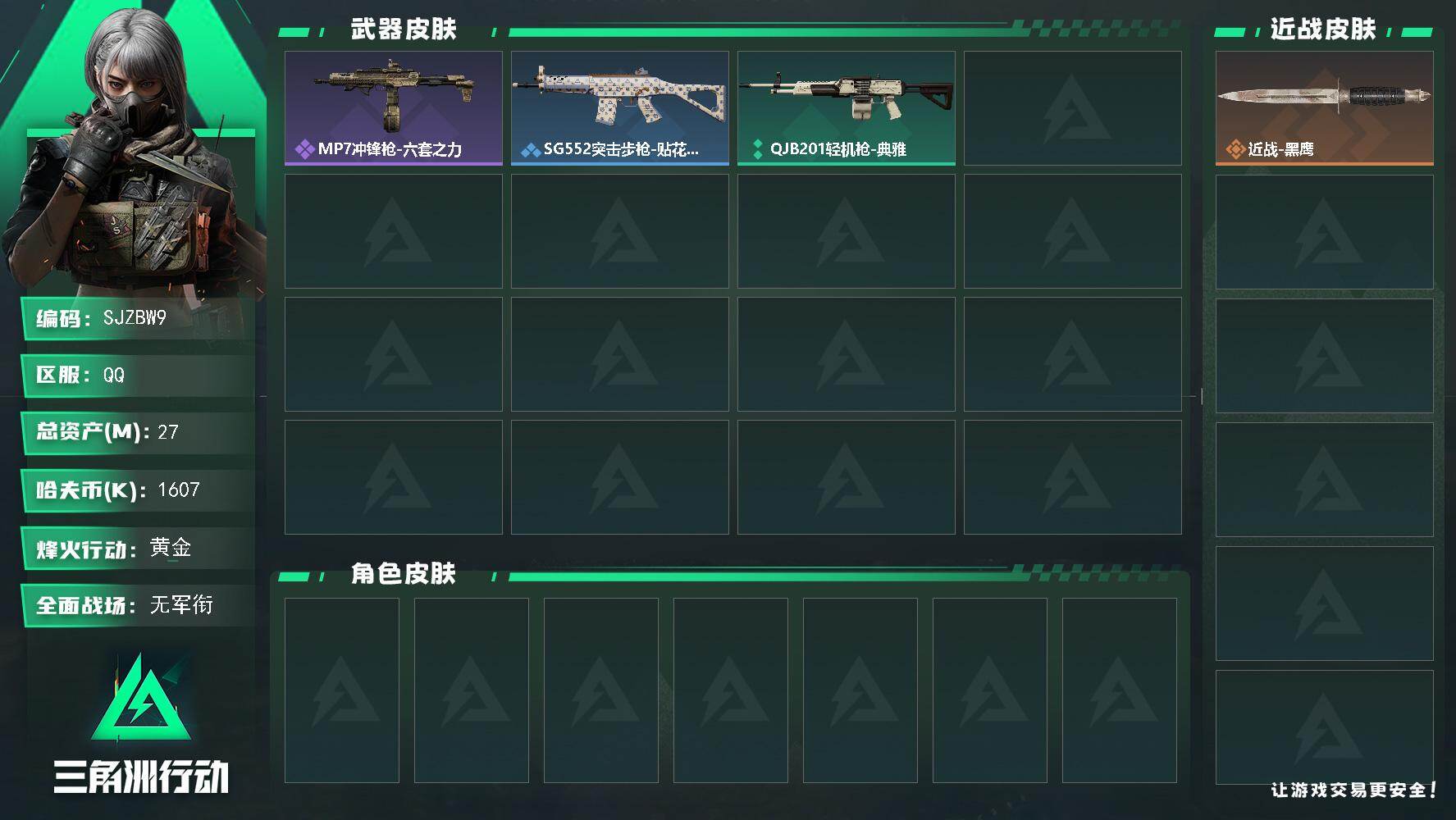 三角洲行动账号QQ【SJZBW9】总资产27M/哈夫币160万/战场等级1/行动等级53/安全箱等时效性道具以游戏内数据为准，详情请看图/近战-黑鹰/MP7冲锋枪-六套之力/SG552突击步枪-贴花艺术/QJB201